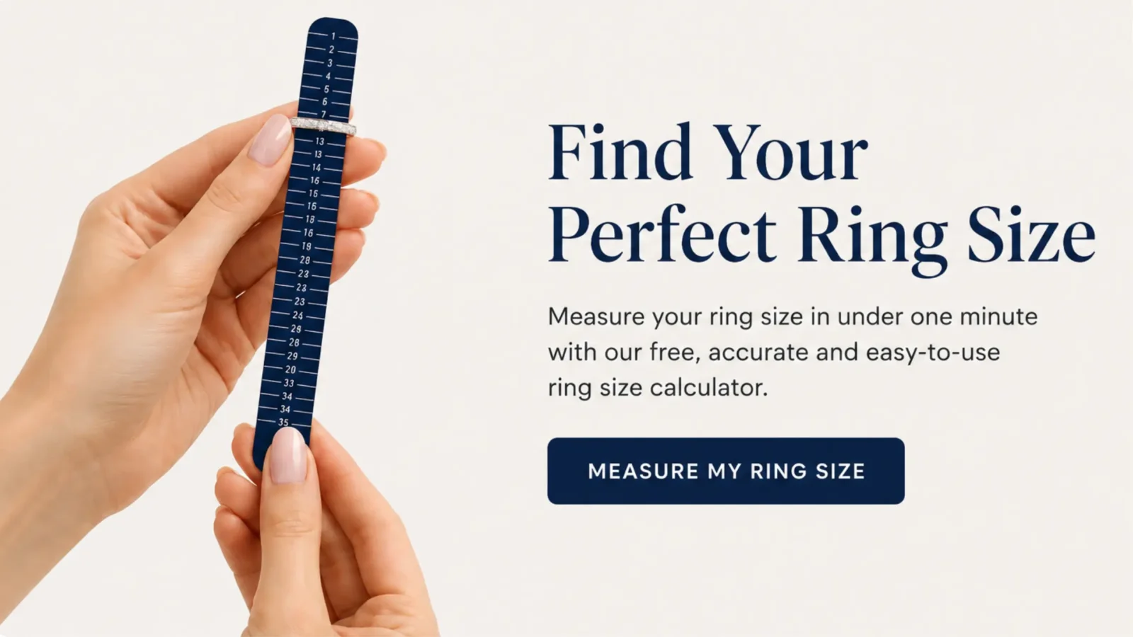 Woman measuring a ring with a ring sizing tool while using a free online ring size calculator to find the correct ring size