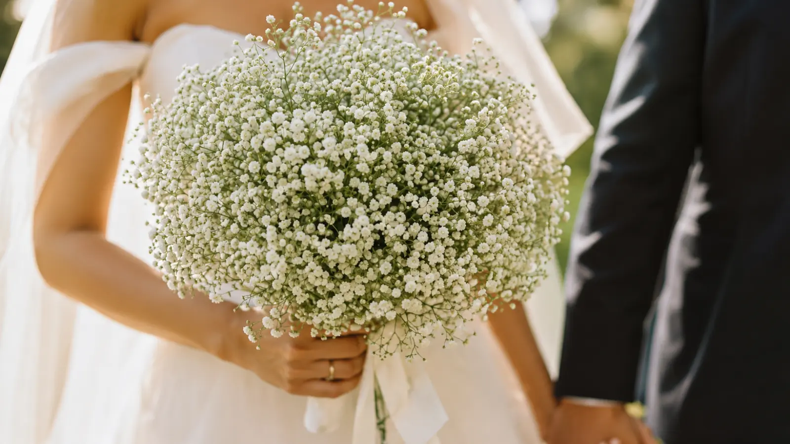 Bride holding a large round baby's breath wedding bouquet with hundreds of delicate white blooms