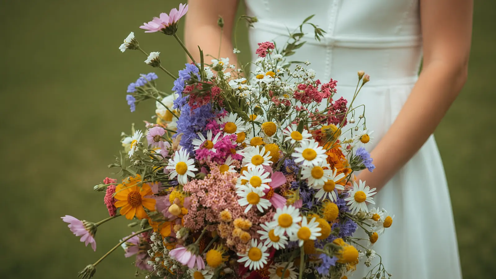 Bride holding a rustic wedding bouquet with daisies and colorful wildflowers