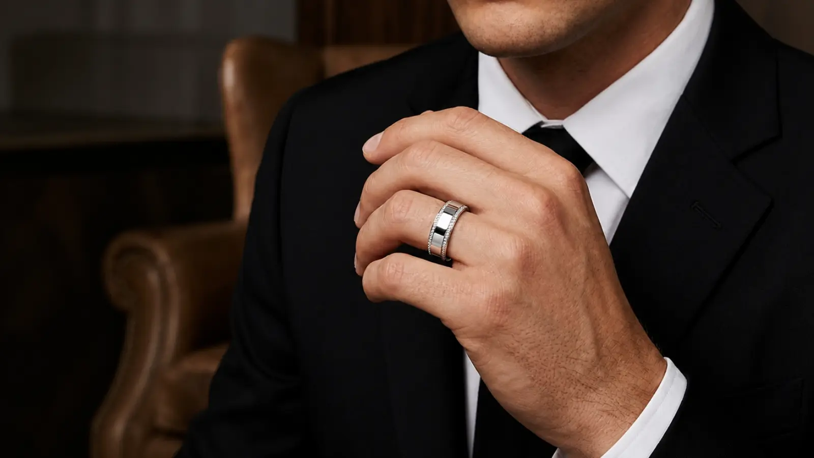 Groom wearing a polished silver men's wedding ring with a black suit and tie, highlighting a refined and timeless wedding band for formal wear
