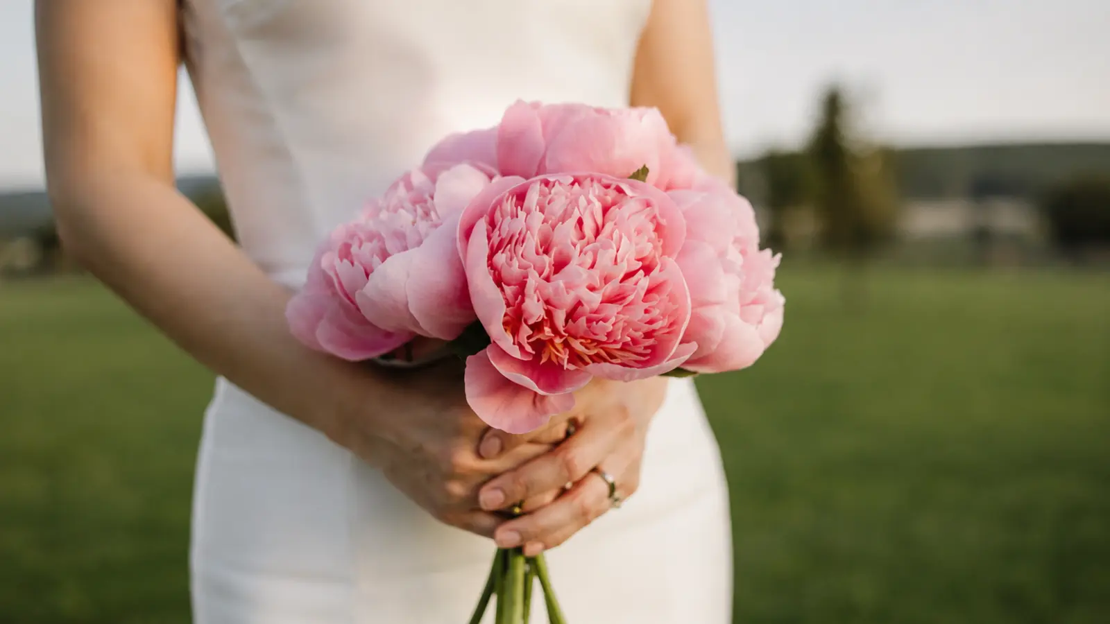 Bride holding a simple bouquet made with large soft pink peonies during an outdoor wedding