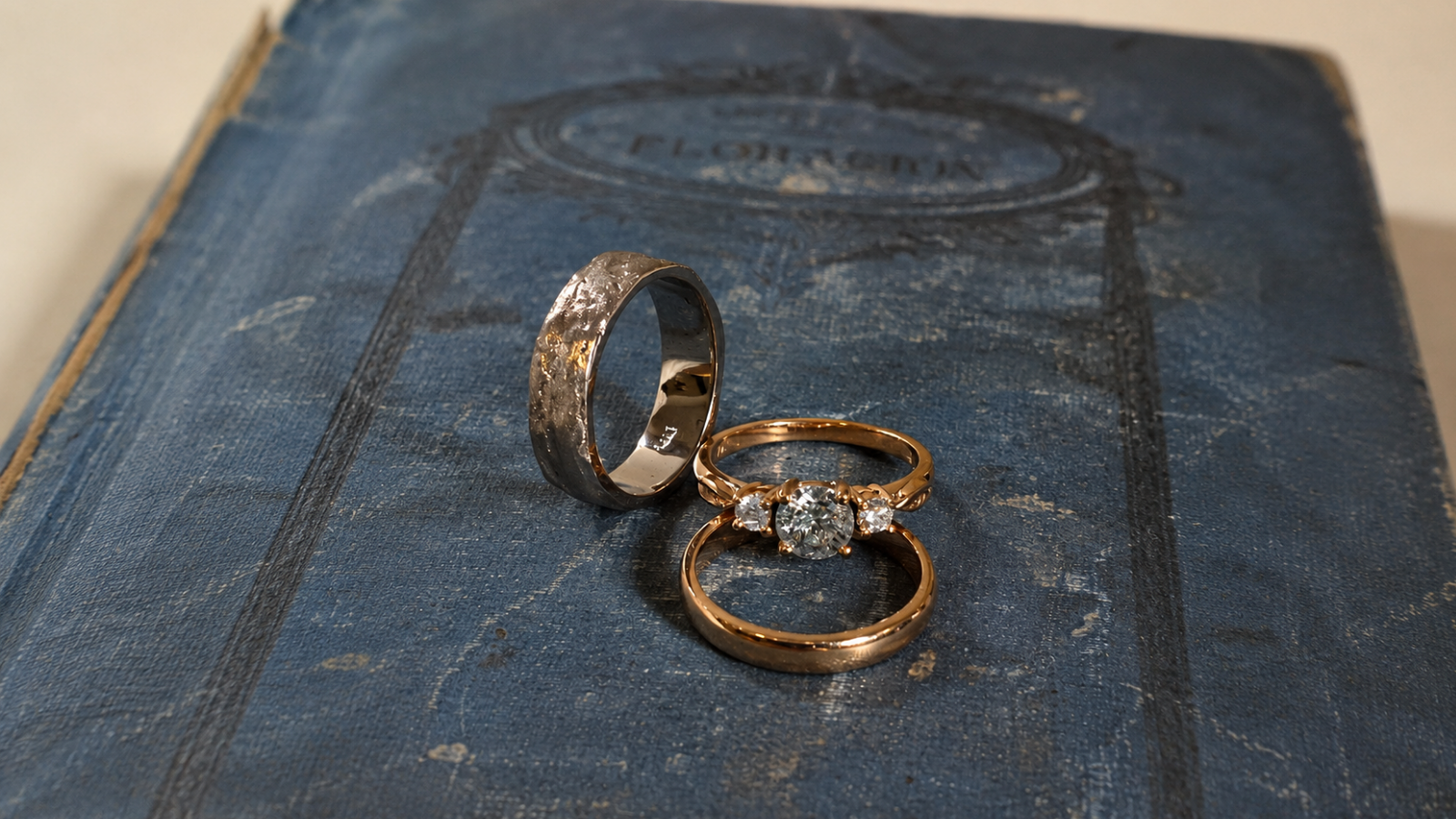 Simple wedding bands displayed beside a solitaire engagement ring on a vintage book, illustrating timeless bridal jewelry with classic and elegant styling