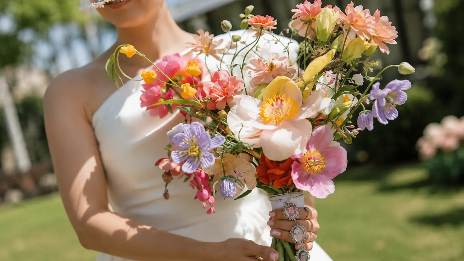 Bride holding a spring wedding bouquet with pastel wildflowers, garden blooms and fresh seasonal flowers outdoors