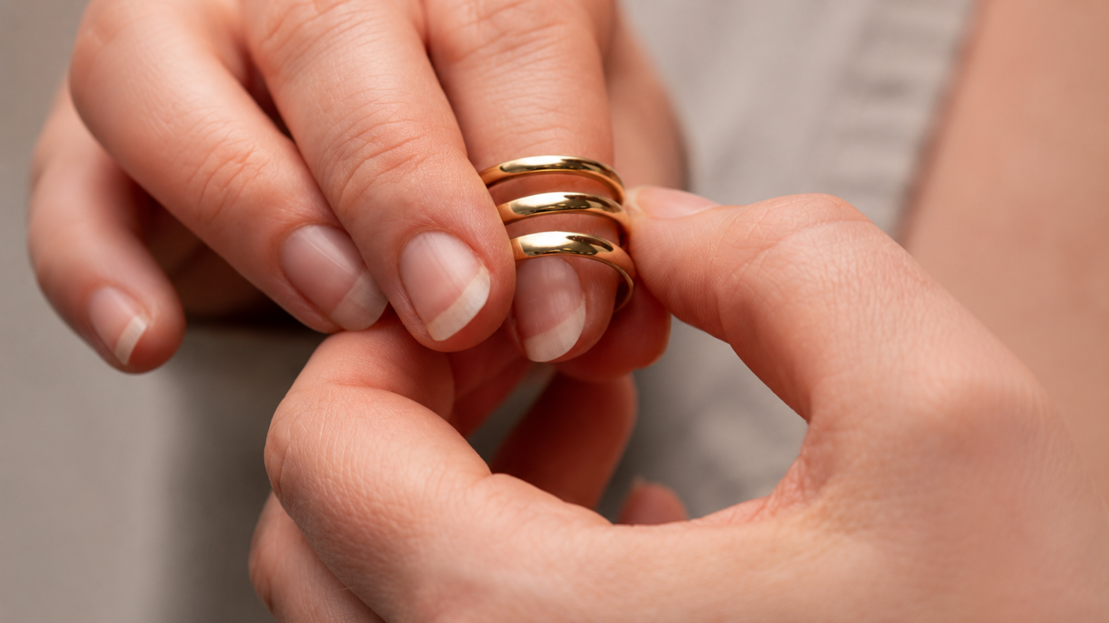 Woman holding several simple gold wedding rings together to compare minimalist band styles and elegant stacking options for everyday wear