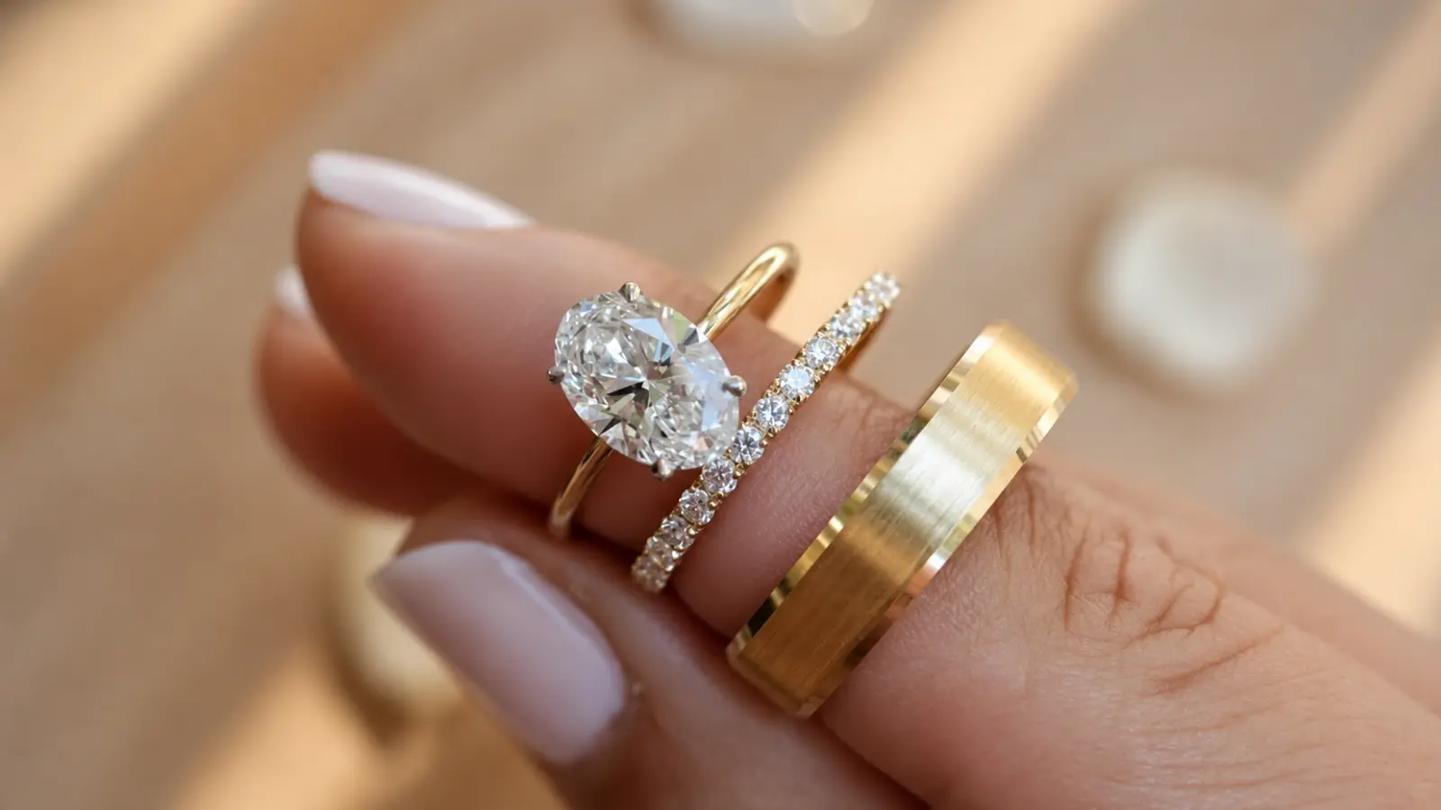 An oval engagement ring displayed next to a straight diamond wedding band to compare different stacking options