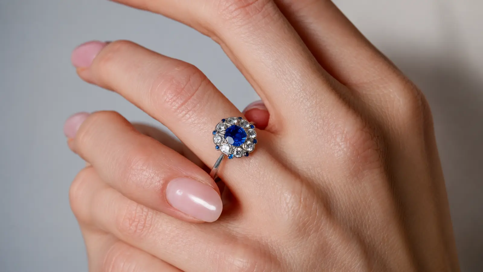 A hand wearing a vintage floral sapphire halo engagement ring with diamond petal accents surrounding a blue sapphire