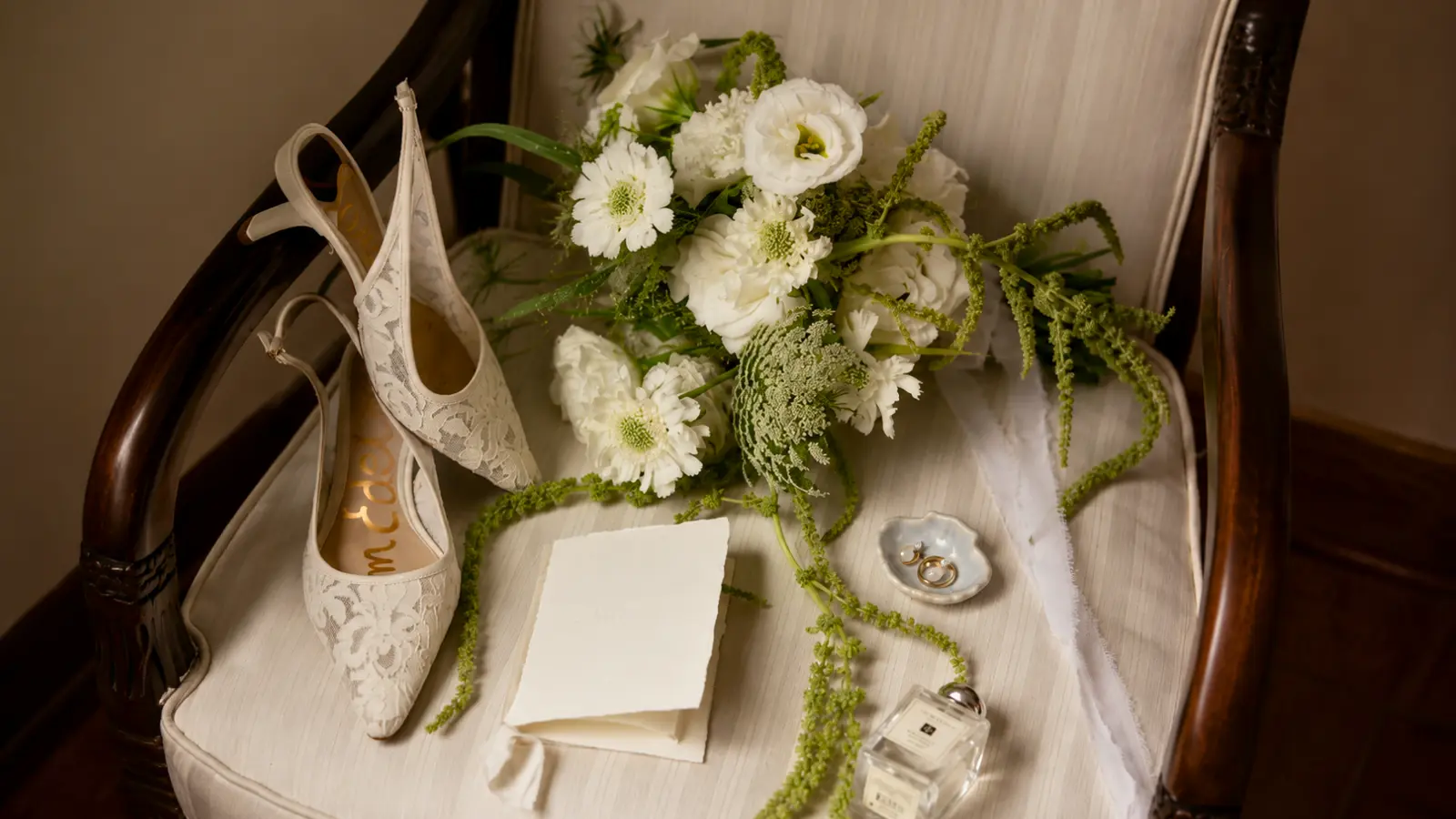 Wedding bouquet displayed with bridal details after the wedding for preservation inspiration