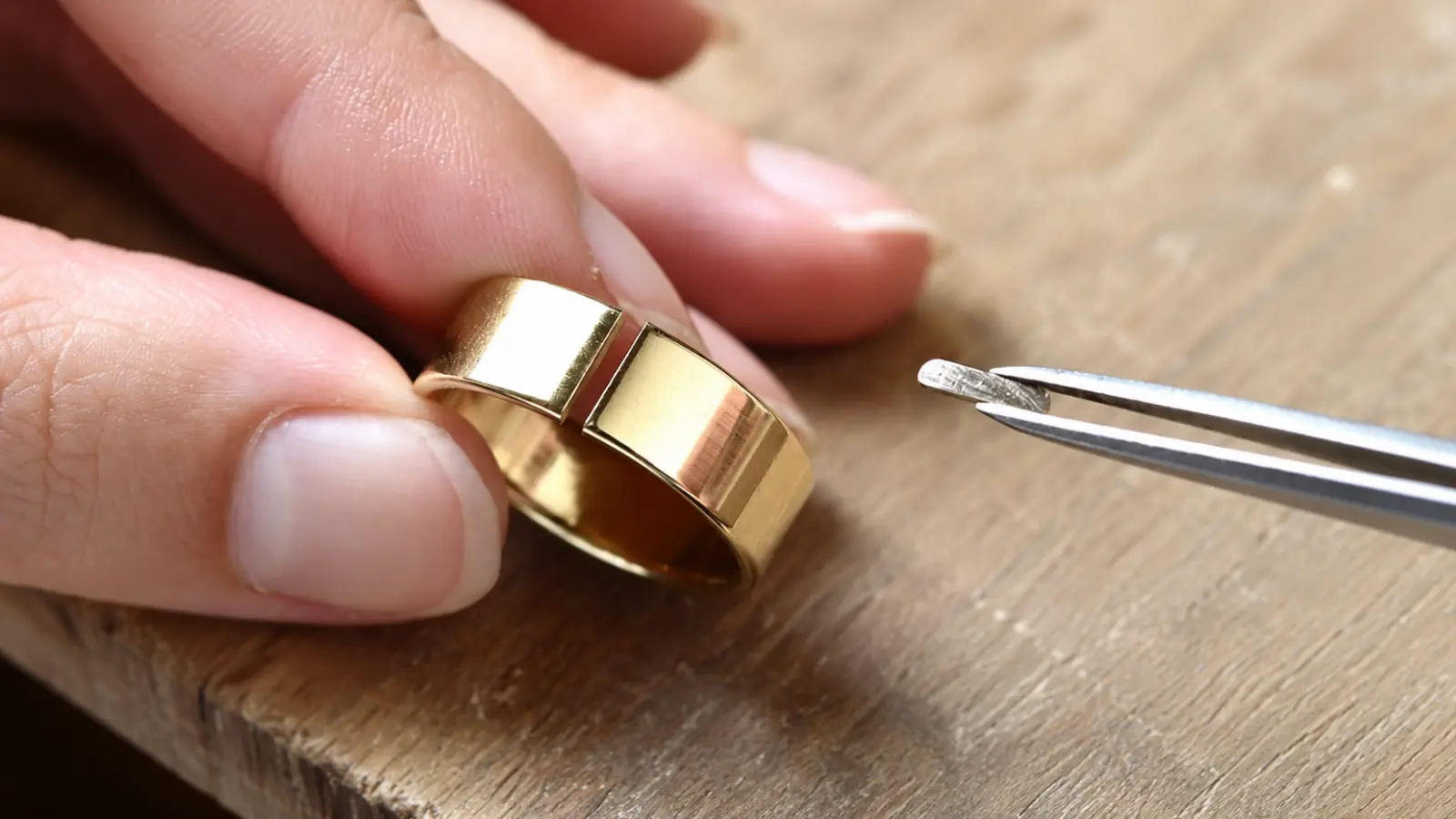 A gold wedding ring opened during the resizing process before the jeweler adjusts its final size