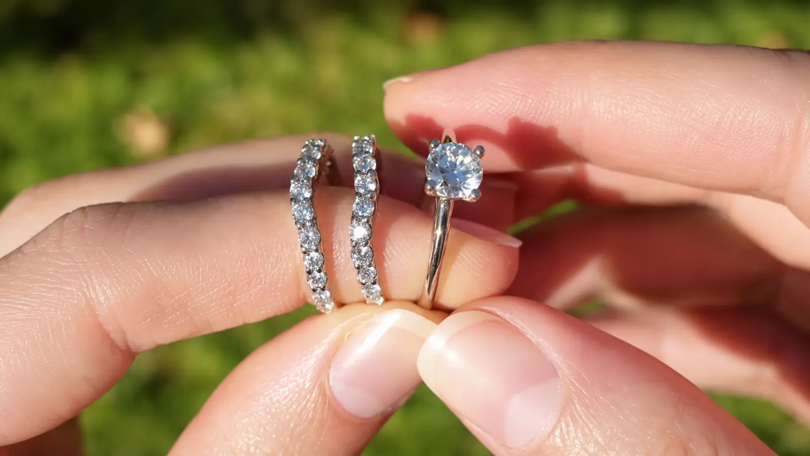 Two curved diamond wedding ring enhancers displayed beside a solitaire engagement ring to illustrate a complete enhancer set