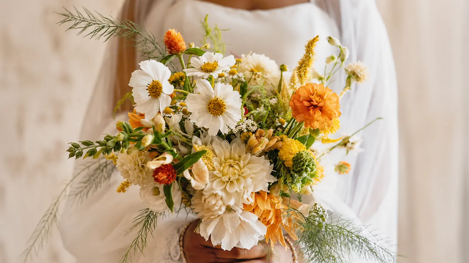 Bride holding a white and yellow summer wedding bouquet with cosmos, dahlias and seasonal flowers