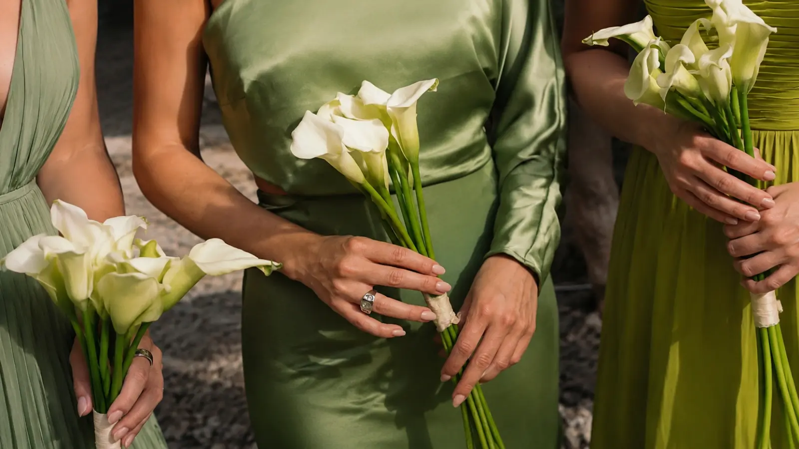Bridesmaids in green dresses holding matching white calla lily bouquets