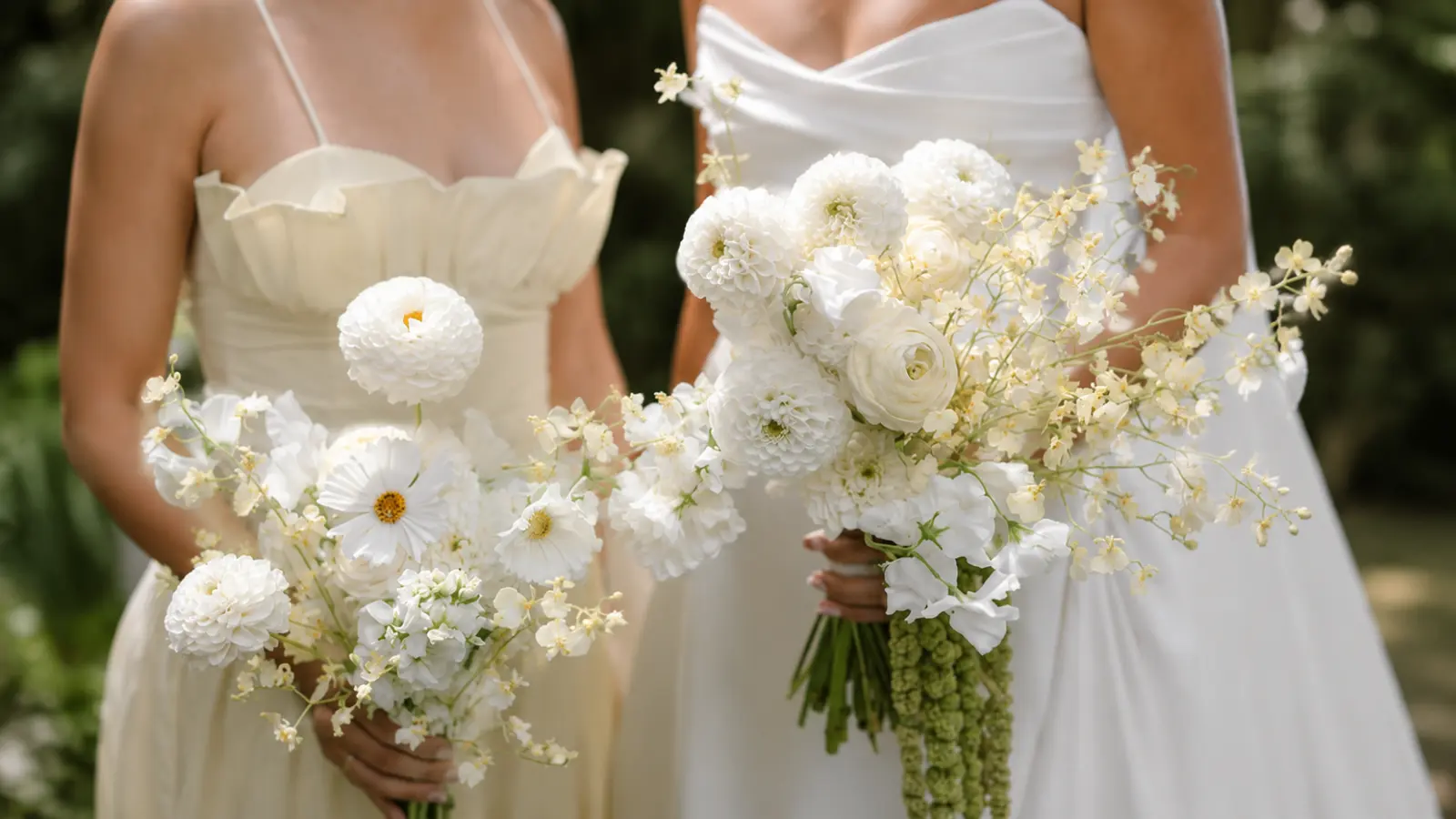 Comparison of two white wedding bouquets featuring white dahlias with airy seasonal flowers and cascading greenery