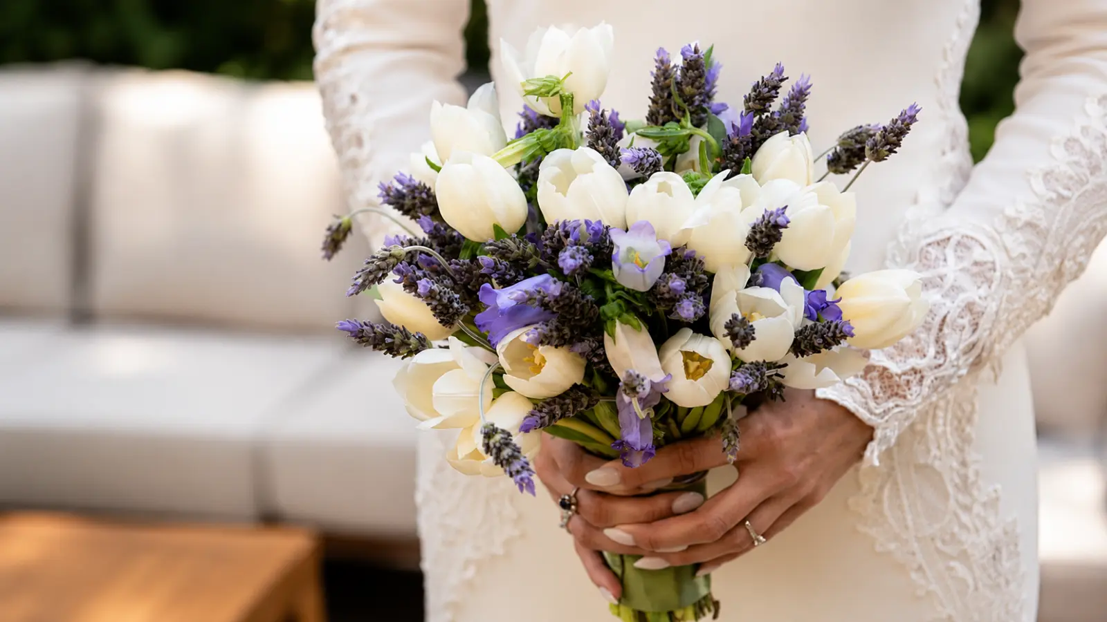 White tulip Purple wedding bouquets accented with lavender and soft purple spring flowers