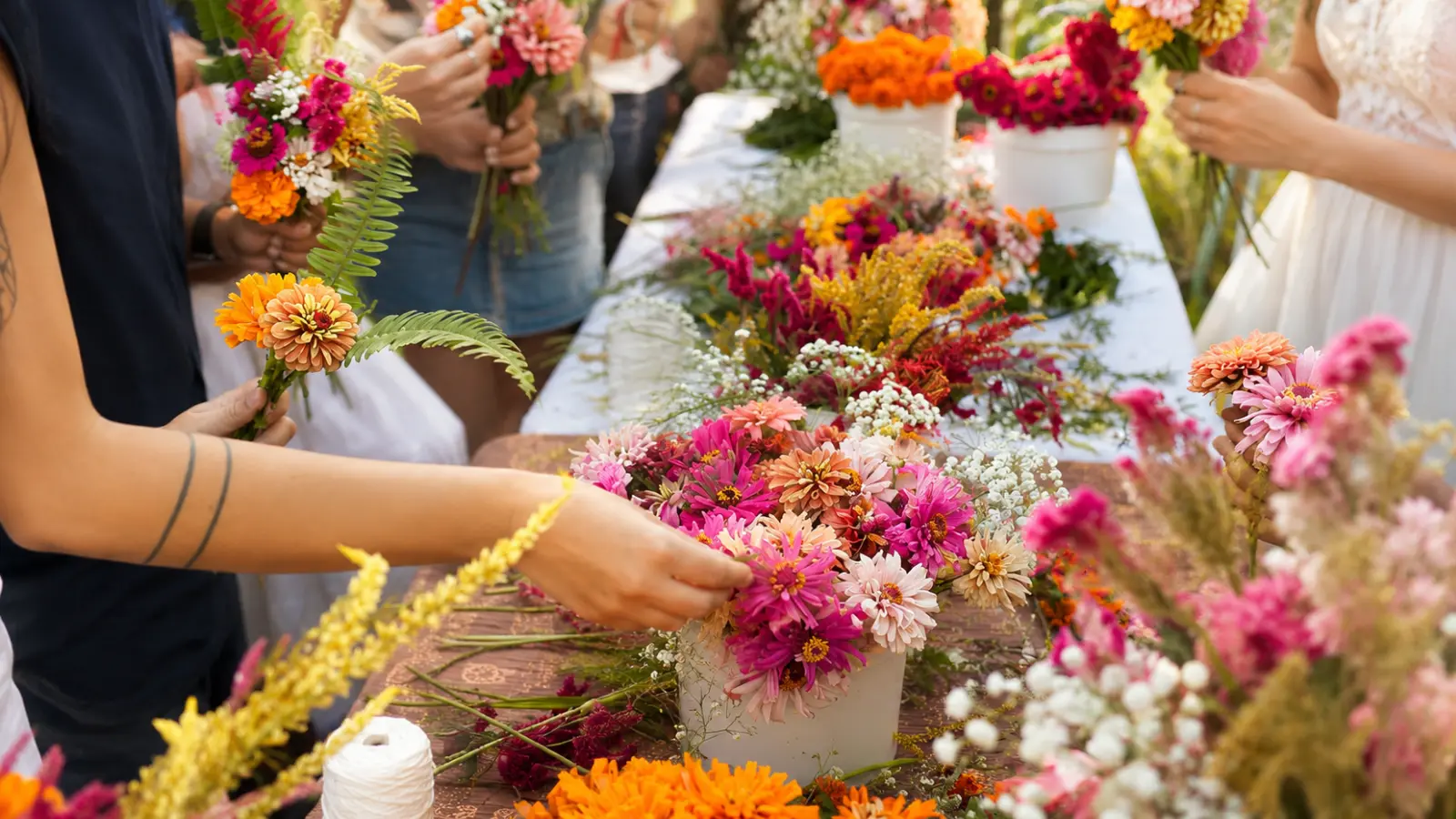 People arranging colorful wildflower bouquets at a floral design workshop with fresh seasonal flowers