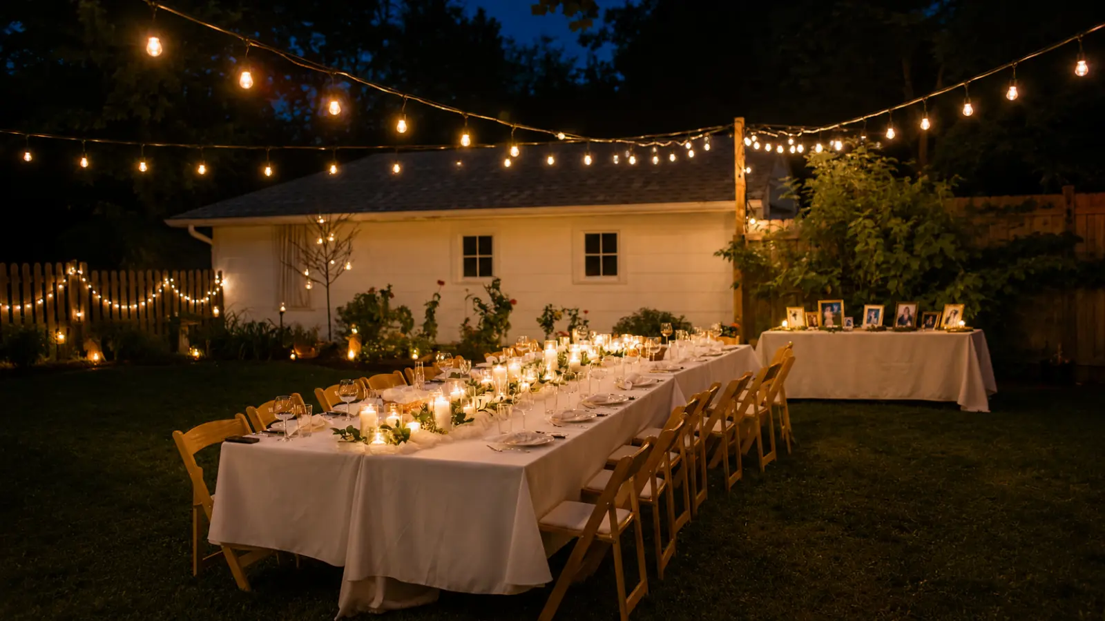 Backyard wedding reception with long dining tables, wooden chairs, candles and string lights arranged outdoors beside a home How to Plan a Backyard Wedding: Logistics Before Decor