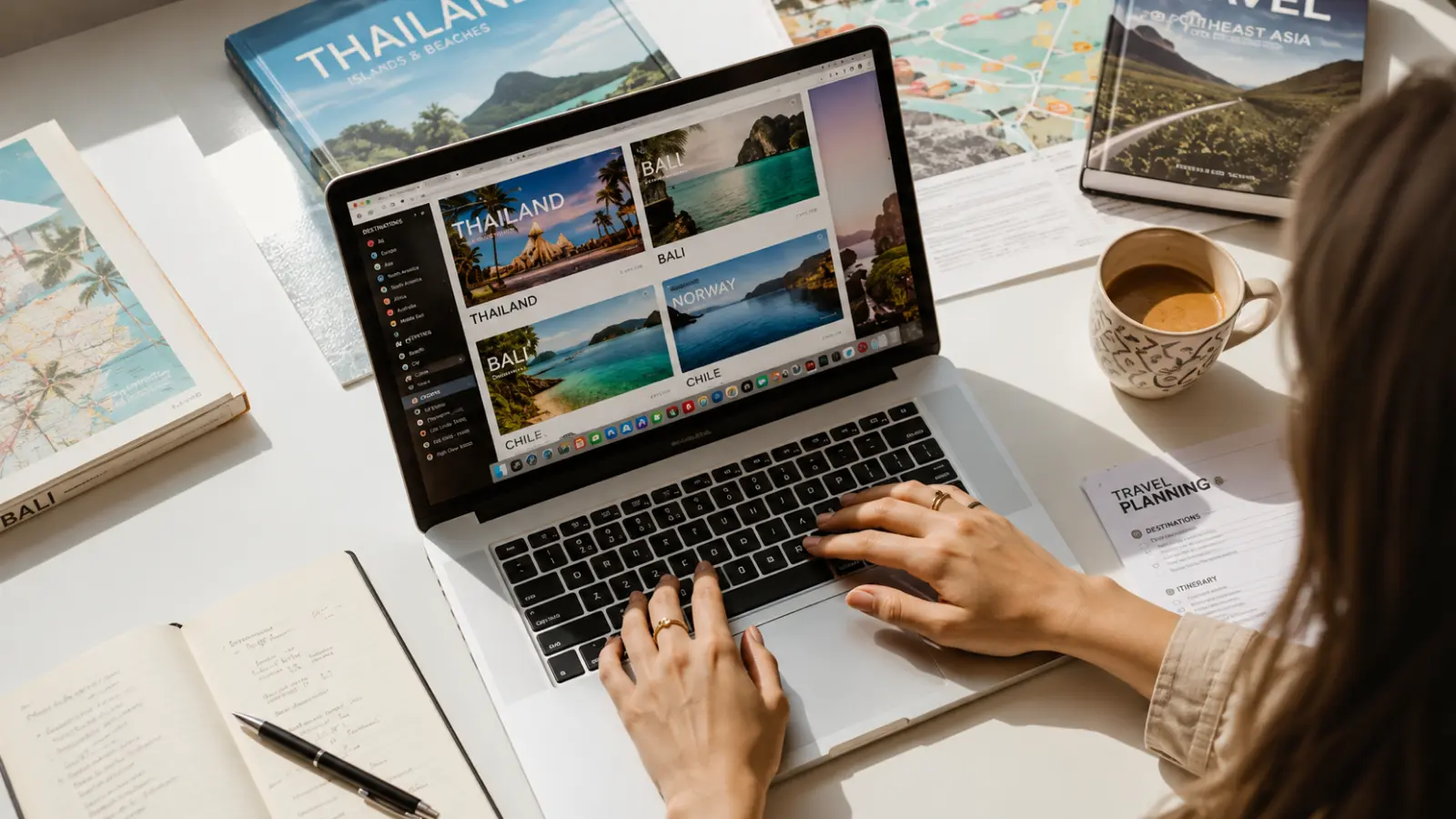 Bride researches travel destinations on a laptop while planning a destination wedding budget, including travel, vendor expenses and hidden costs Destination Wedding Budget: Travel, Vendors and Hidden Costs