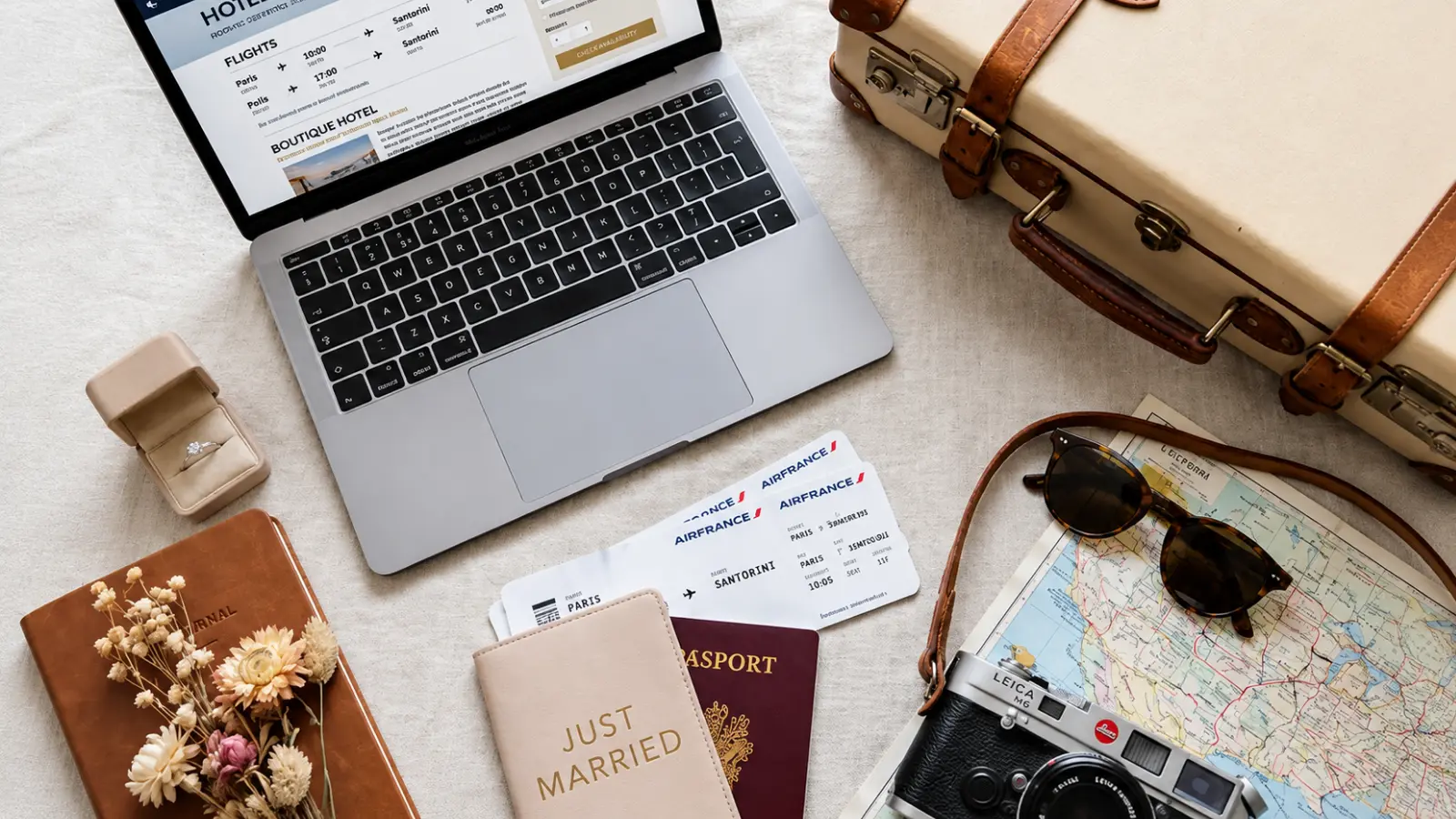 Destination wedding checklist essentials with laptop, luggage, passport, flight tickets, map and planning materials prepared for wedding travel Destination Wedding Checklist: Complete Timeline From Planning to Travel Week