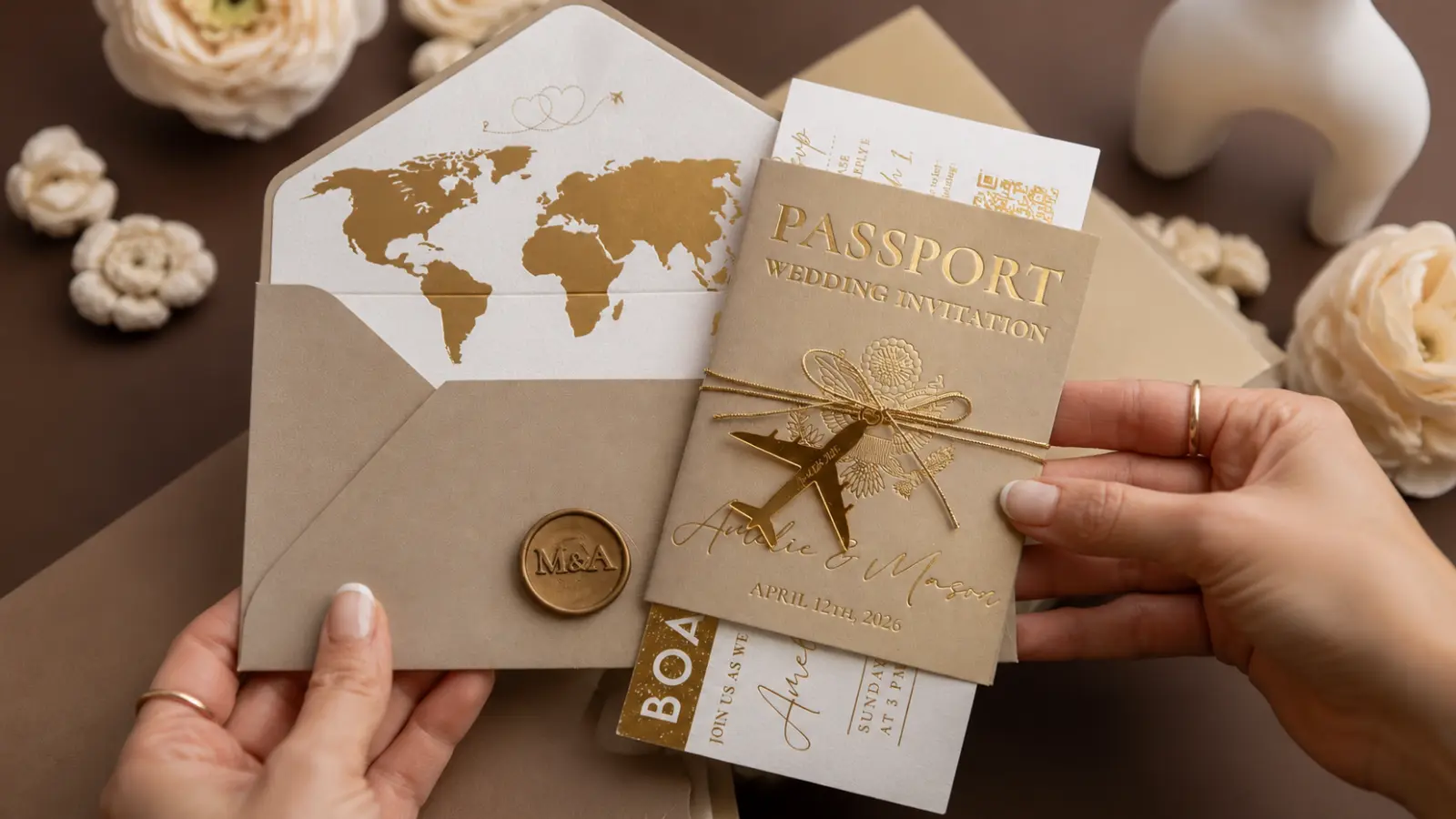 Passport-style destination wedding invitation with travel details and RSVP card for planning save-the-dates, invitations and guest response deadlines Destination Wedding Invitation Timeline: Save-the-Dates, Invitations & RSVPs