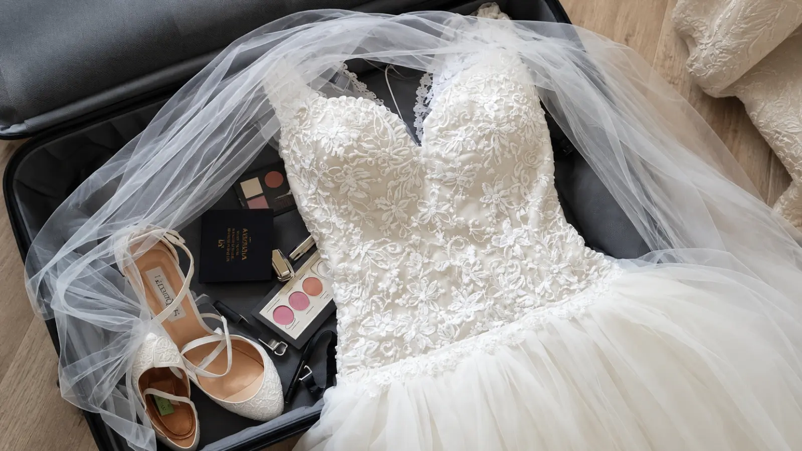 Wedding dress, veil, bridal shoes and travel essentials packed in an open suitcase for a destination wedding packing checklist Destination Wedding Packing Checklist: What to Carry, Check, Ship & Source