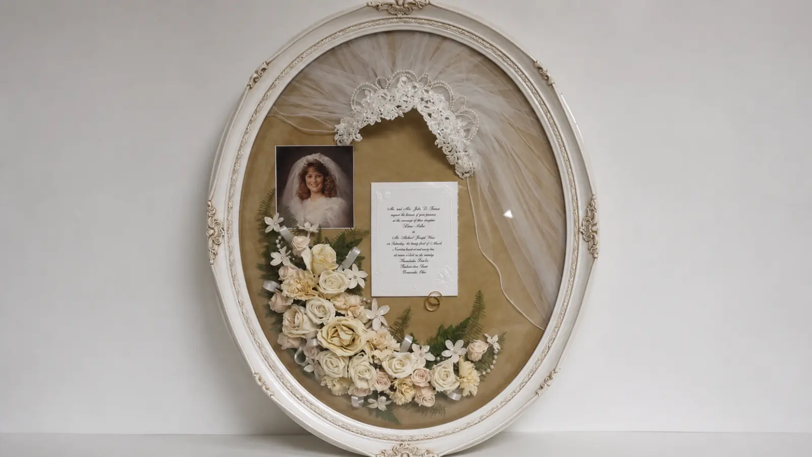 Wedding veil arranged in an ornate keepsake frame with bridal flowers, rings, invitation and wedding portrait for a sentimental post-wedding display What to Do With Your Wedding Veil After the Wedding