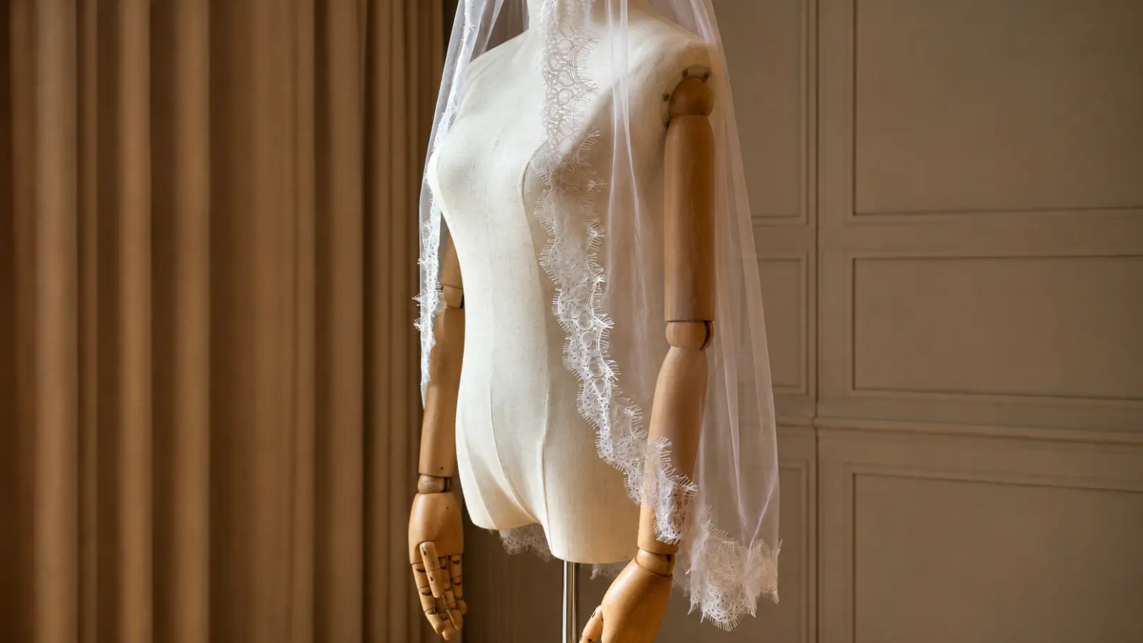 Sheer fingertip wedding veil displayed on a bridal mannequin with delicate lace trim along the edges, highlighting its length and decorative finish