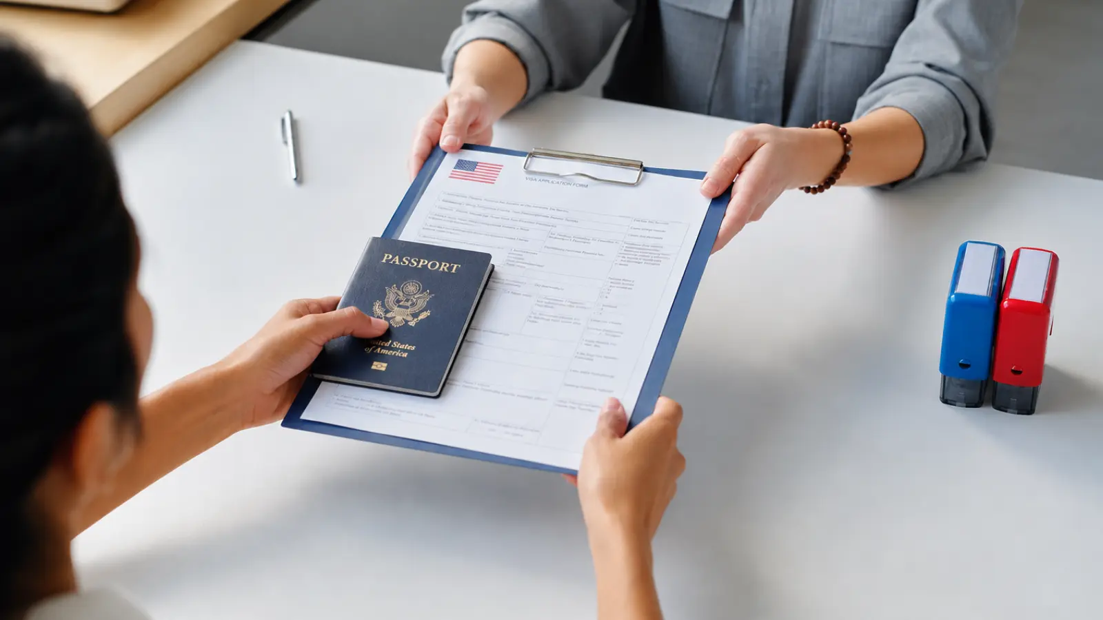 U.S. passport with official documents being reviewed, illustrating documentation and proof used for foreign marriage recognition in the United States Foreign Marriage Recognition in the United States: Validity, Documents and Proof