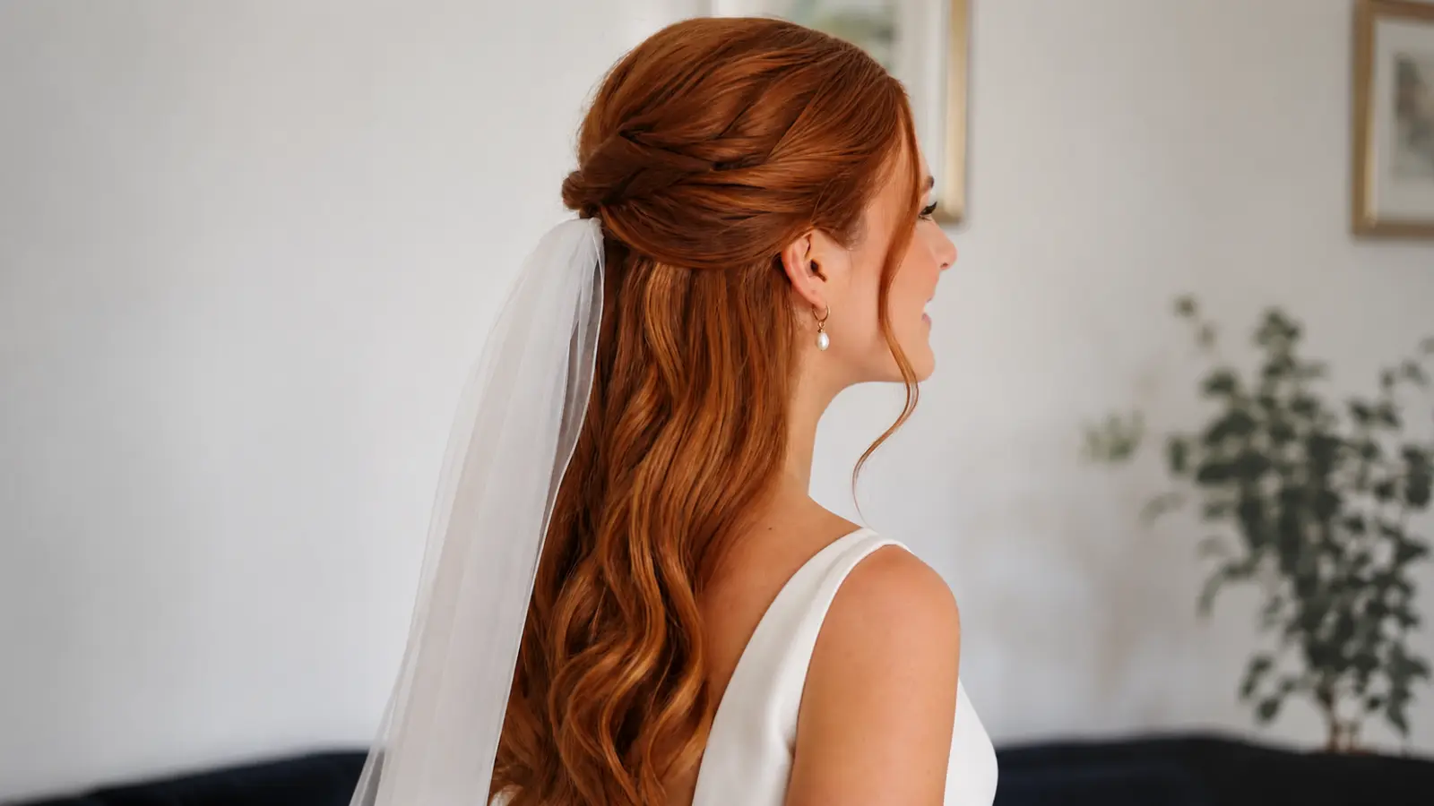 Red-haired bride with softly waved half up half down wedding hair wears a sheer veil secured beneath the twisted hairstyle section