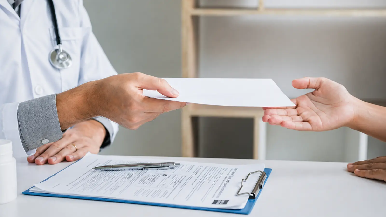Healthcare professional providing insurance documents for reviewing spouse enrollment and health coverage options after marriage Health Insurance After Marriage: Adding a Spouse, Enrollment Deadlines and Coverage Options