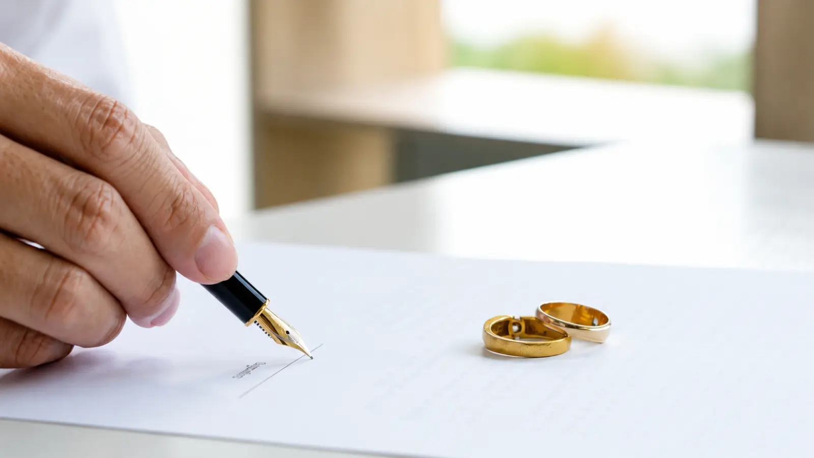 Person signing marriage certificate correction paperwork with two wedding rings resting beside the document How to Correct a Marriage Certificate: Errors, Amendments and Requests