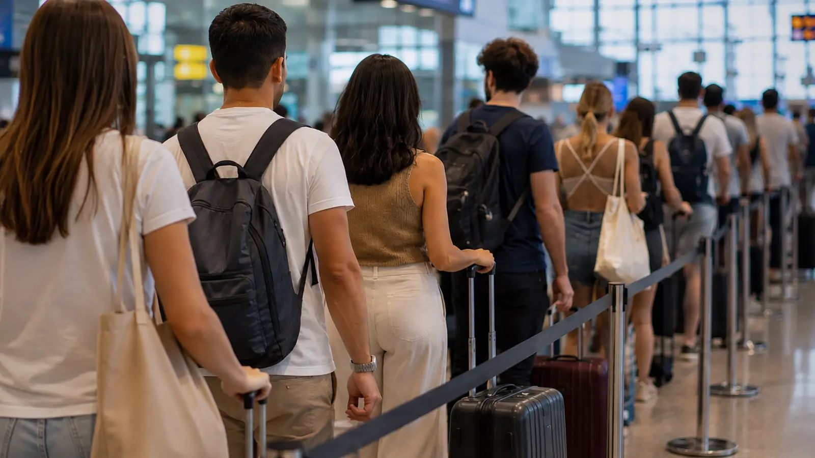 Travelers with suitcases wait in an airport line as part of the travel logistics involved in planning a destination wedding