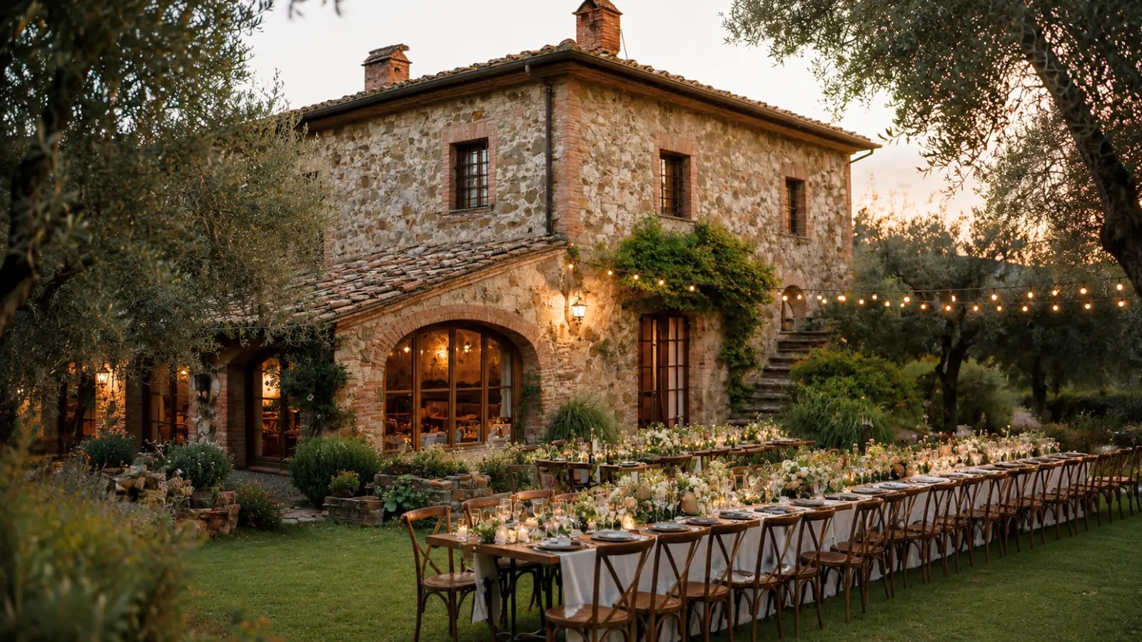 Destination wedding reception with long decorated tables set outdoors beside a rustic stone villa surrounded by trees