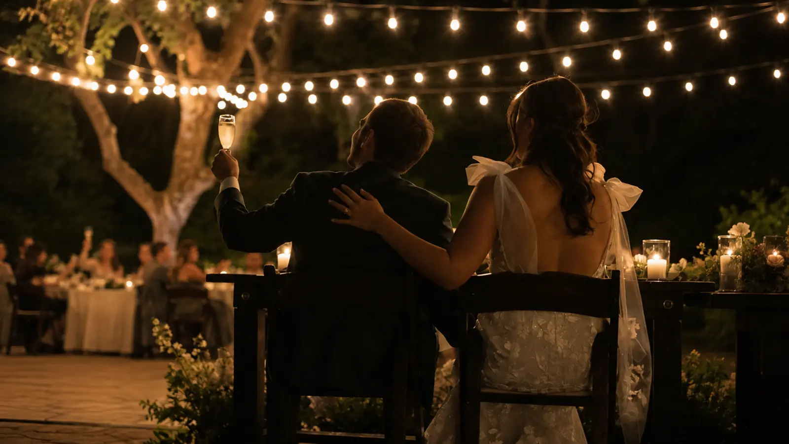 Newlywed couple celebrating together during an intimate outdoor wedding reception with guests, candles and warm string lights How to Plan an Intimate Wedding That Feels Complete