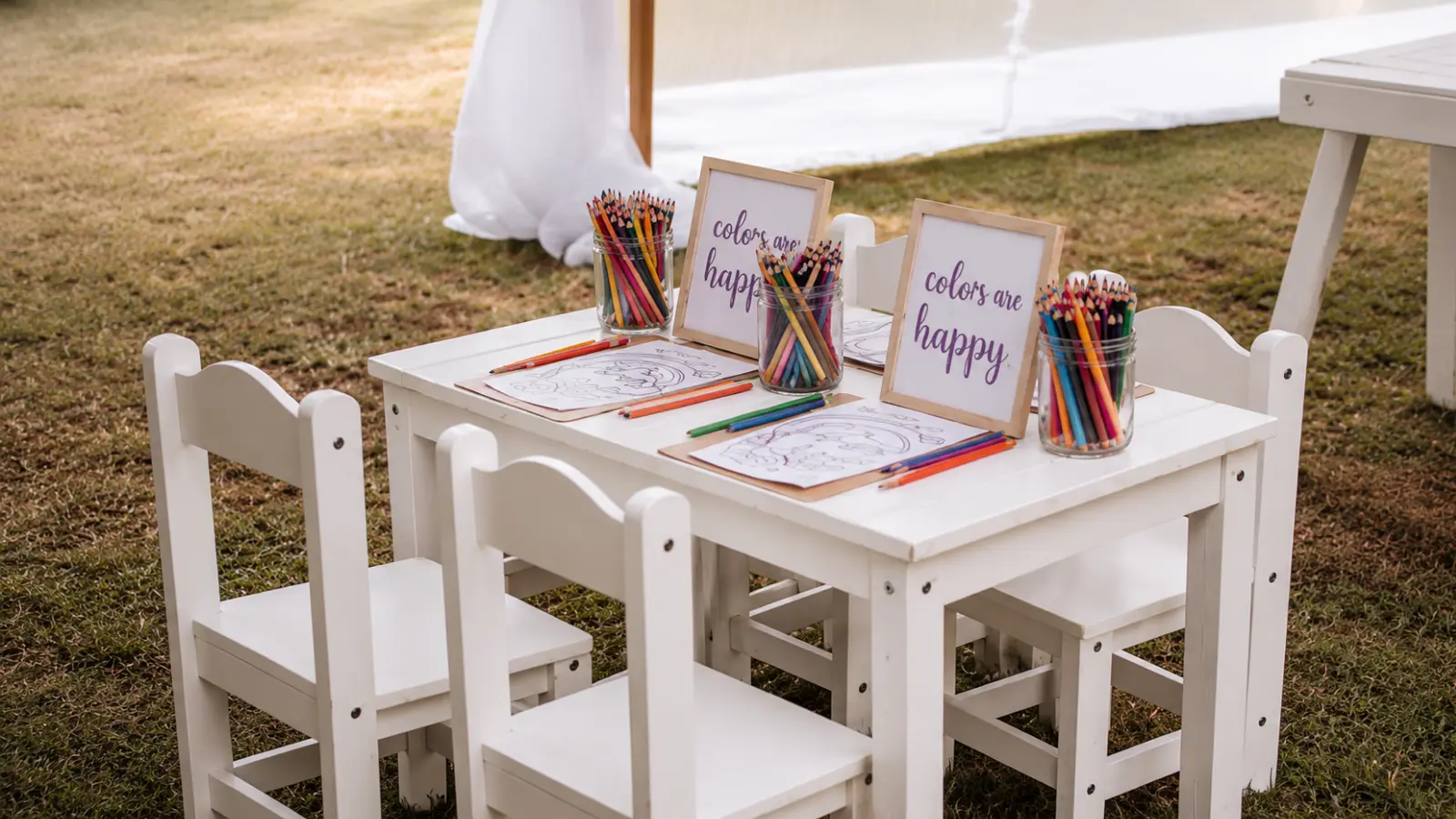 Small kids table at a wedding with coloring sheets, colored pencils, and child-sized chairs arranged as a creative activity station for younger guests Kids Table at a Wedding