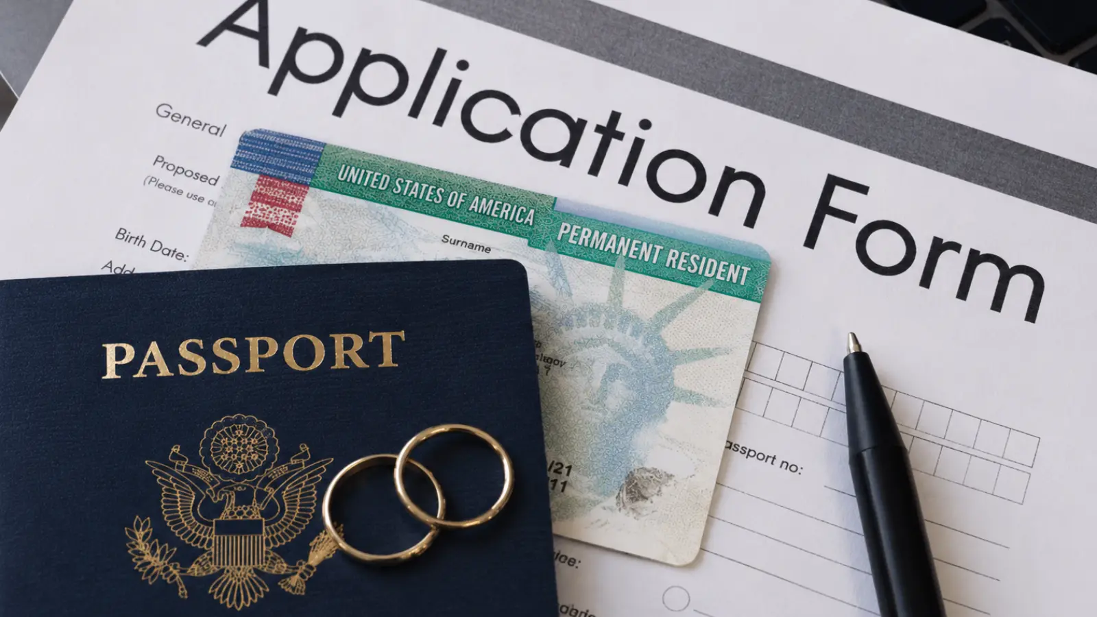 U.S. passport, wedding rings and permanent resident card with an application form, illustrating spouse petitions, green cards and marriage immigration requirements Marriage and Immigration: Spouse Petitions, Green Cards and Legal Requirements