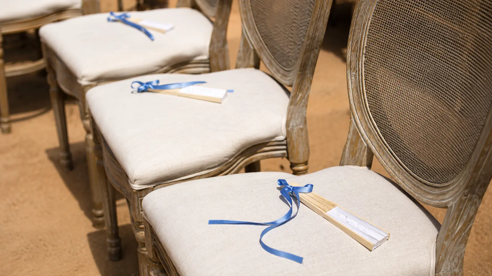 Wedding ceremony chairs with programs and blue ribbons, representing an adults-only wedding where couples use polite wording to communicate that children are not invited No Kids Wedding Wording: Polite Ways to Say Adults Only
