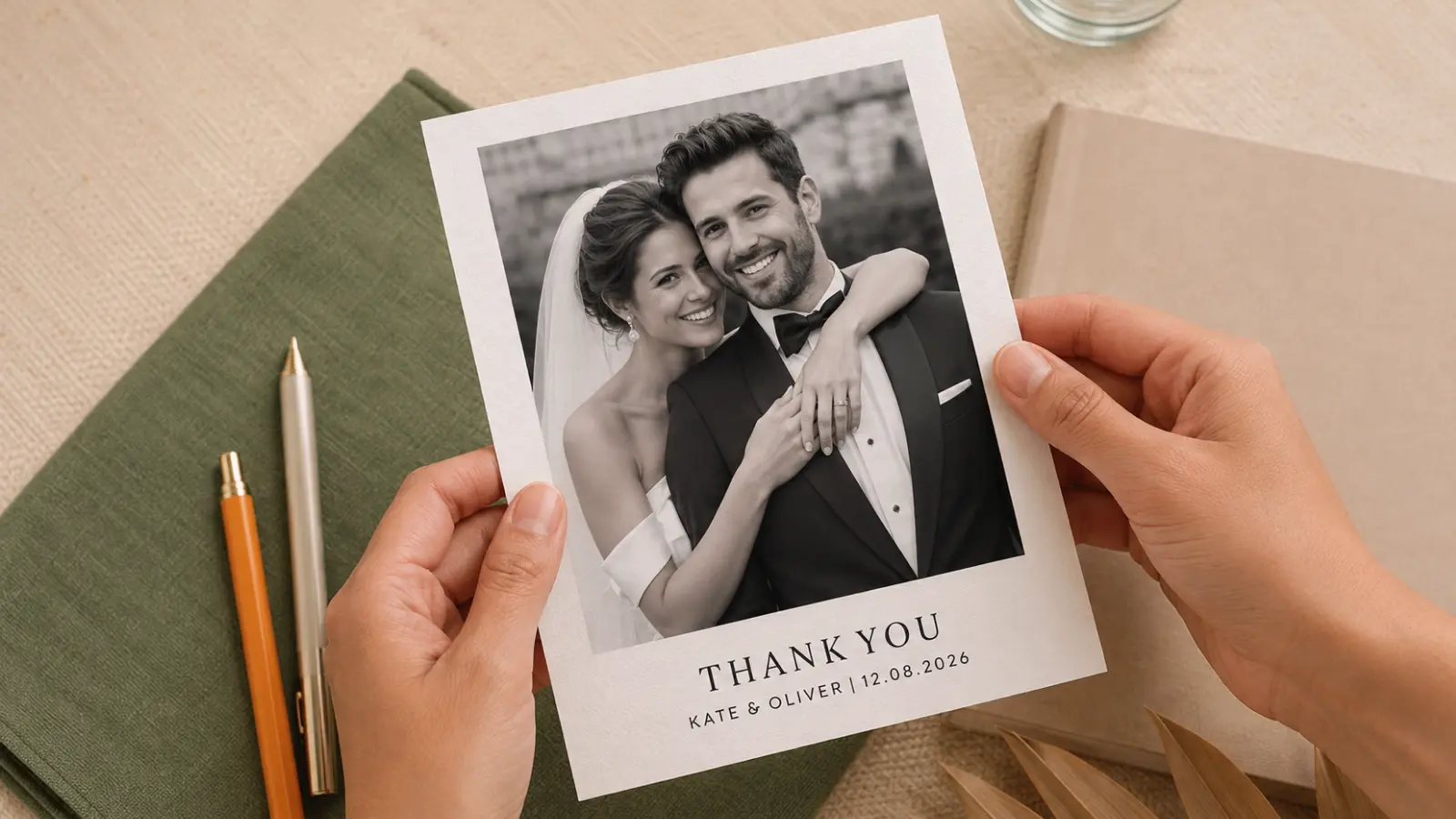 Personalized wedding thank you card featuring a black and white wedding photo and simple message for thanking guests after the celebration