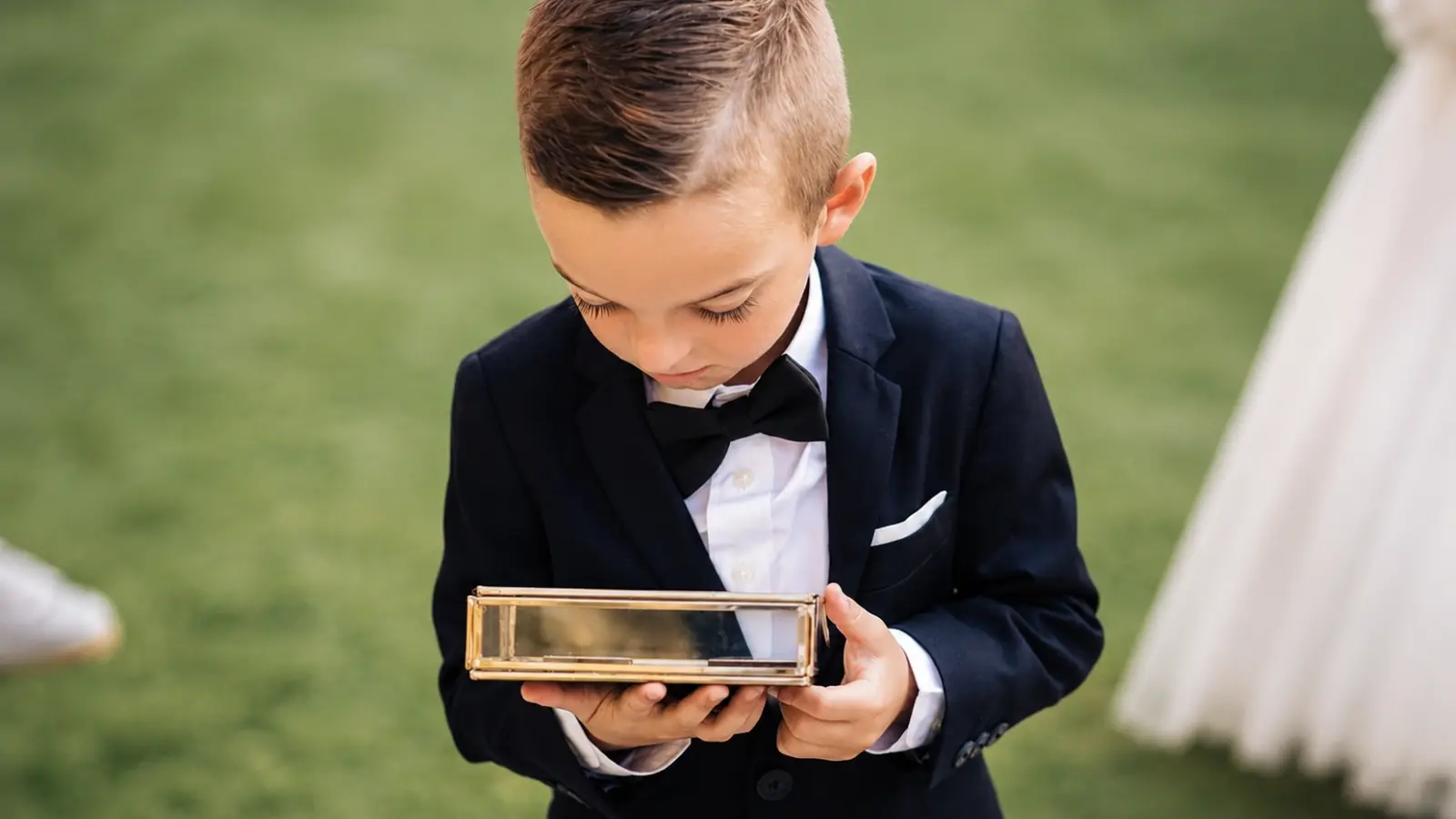 Young ring bearer in a black suit carrying an elegant glass and gold wedding ring box as a modern alternative to a pillow