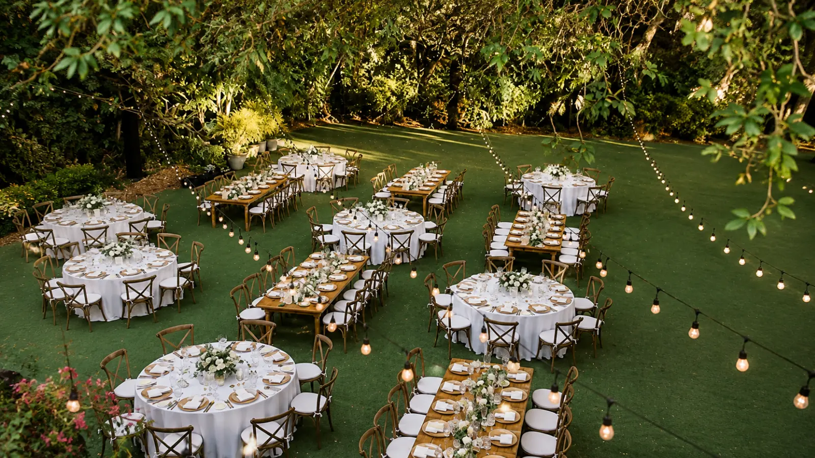 Round vs Rectangular Wedding Tables arranged throughout an outdoor reception, showing how both table shapes can work within one wedding layout Round vs Rectangular Wedding Tables: Which Works Best for Your Reception?