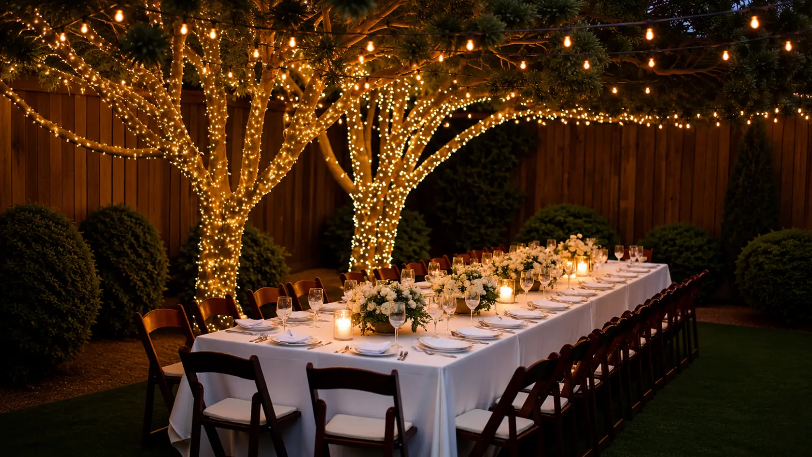 Intimate small wedding dinner with one long reception table, floral arrangements, candles and glowing string lights in an elegant outdoor setting