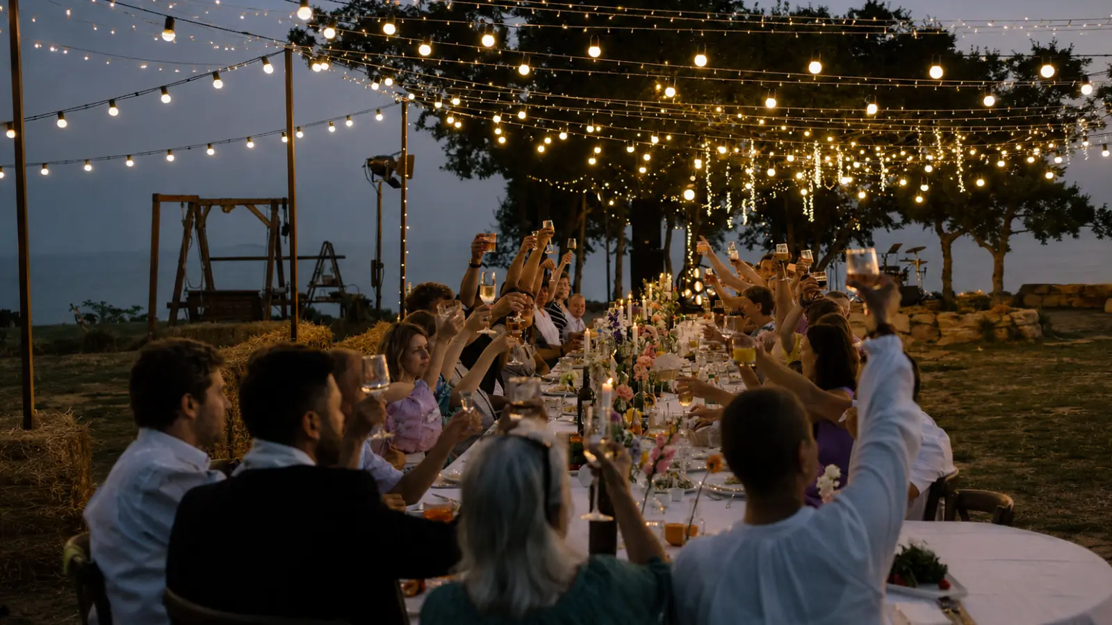 Wedding Budget by Guest Count with guests celebrating around a large reception table, illustrating how budgets and major wedding expenses change for weddings with 50, 100, 150 and 200 guests