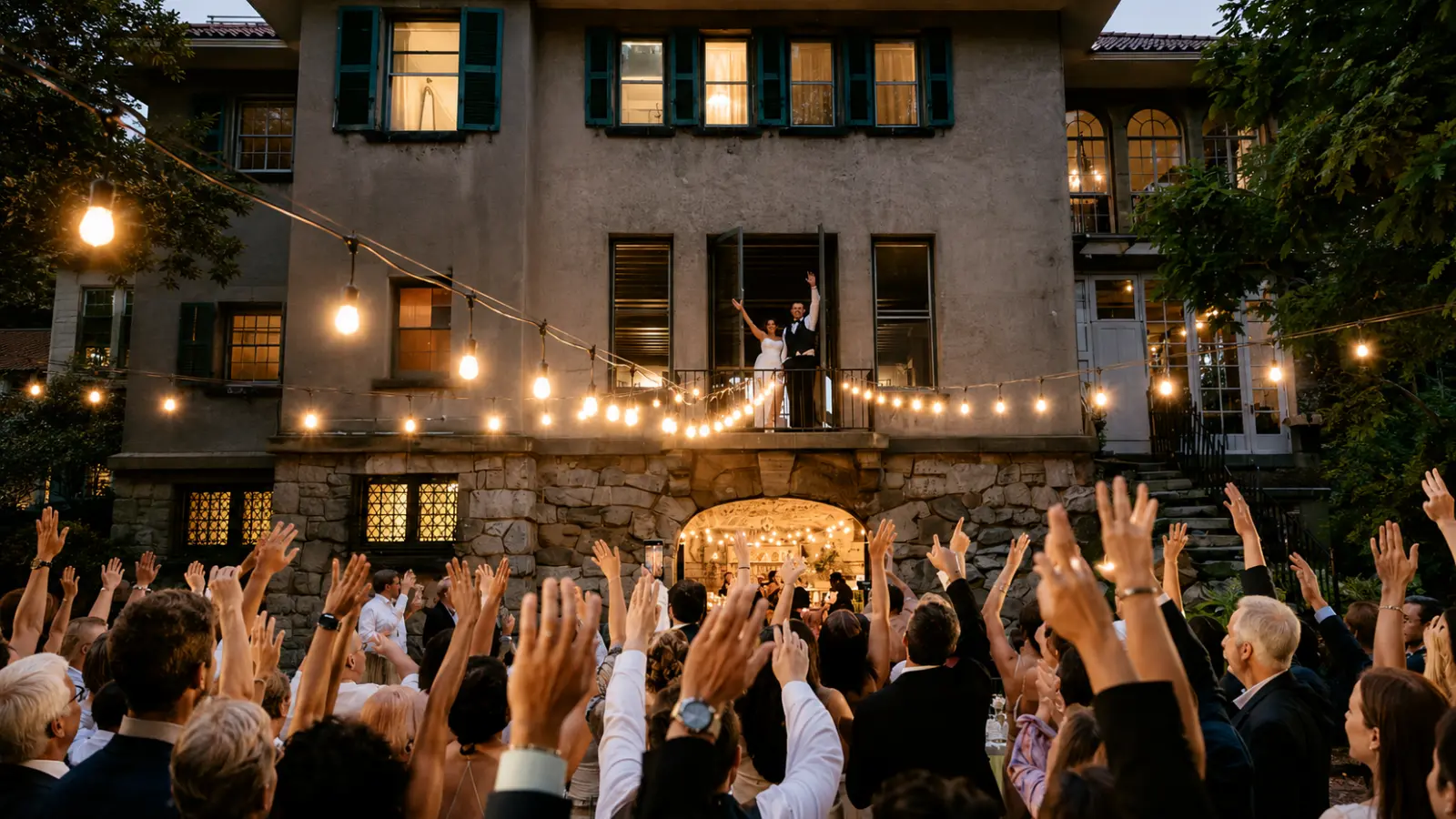 Wedding Cost Per Guest with a bride and groom celebrating alongside a large reception crowd, showing how guest count can increase catering, venue, rentals and the overall wedding budget Wedding Cost Per Guest: How Guest Count Changes the Budget
