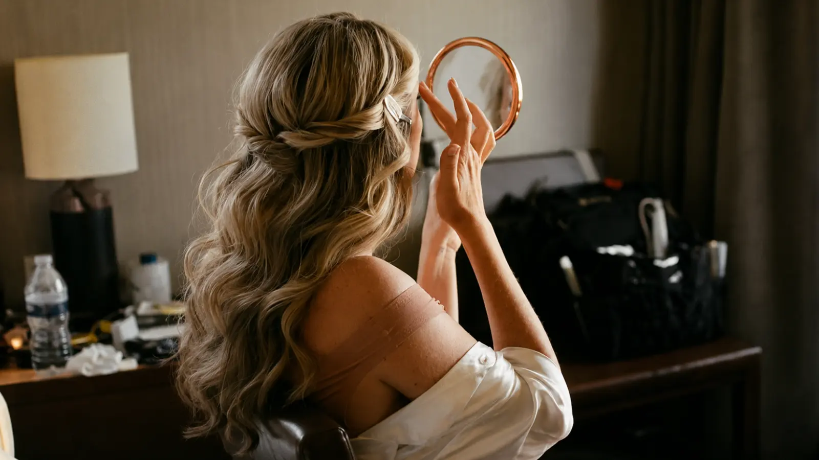 Bride checking her appearance in a mirror while completing final preparations on her wedding day Wedding Day Checklist: What the Couple Actually Needs