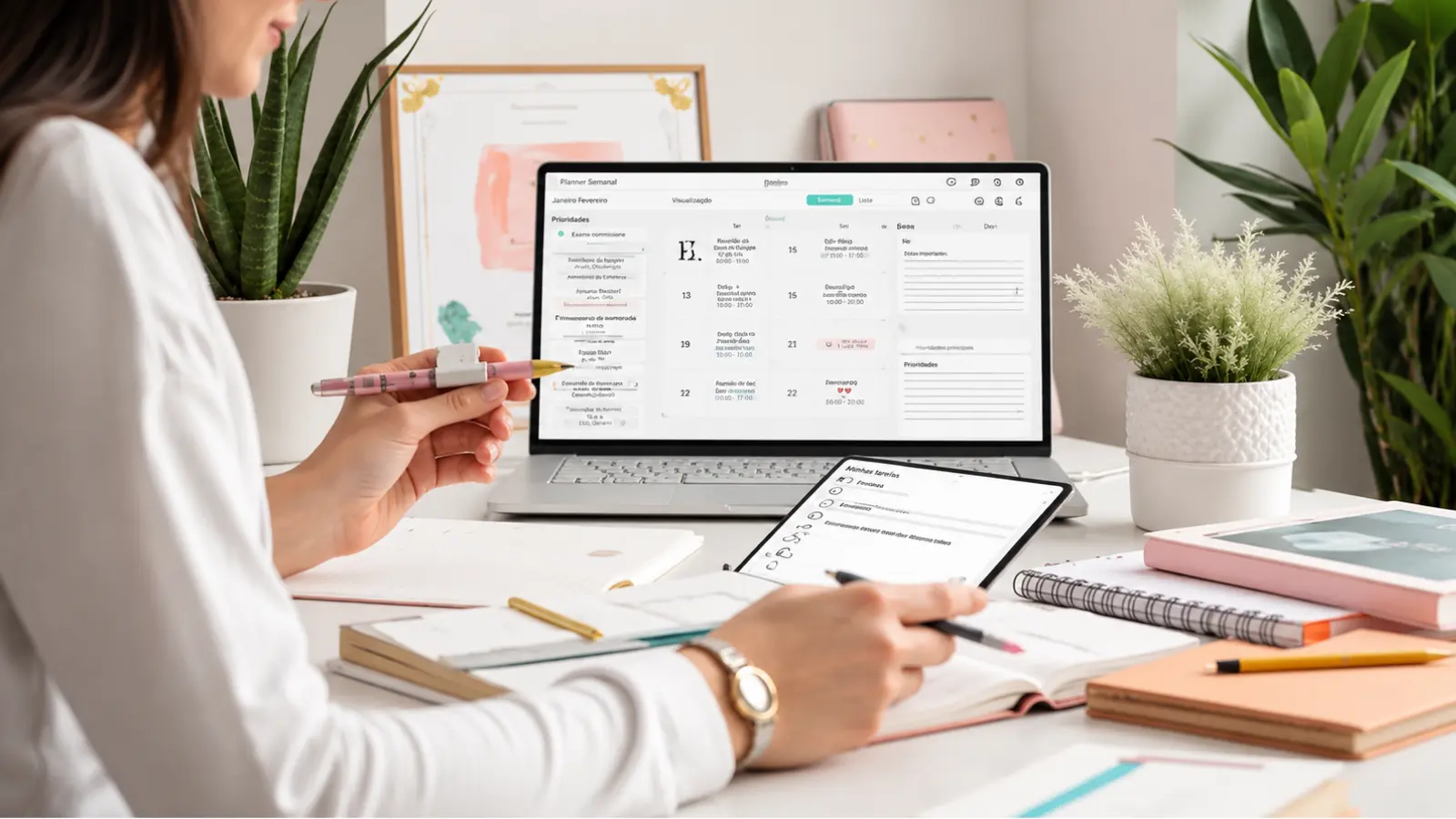 Wedding Planner Template showing a bride organizing schedules, checklists and planning materials with a laptop and tablet for complete wedding preparation Wedding Planner Template: What a Complete Planner Should Include