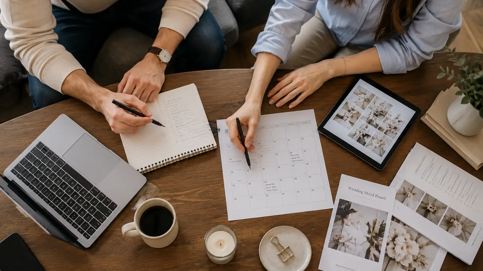 Couple reviewing a calendar and checklist together during an organized wedding planning meeting Wedding Planning Meetings: A Simple Agenda for Couples