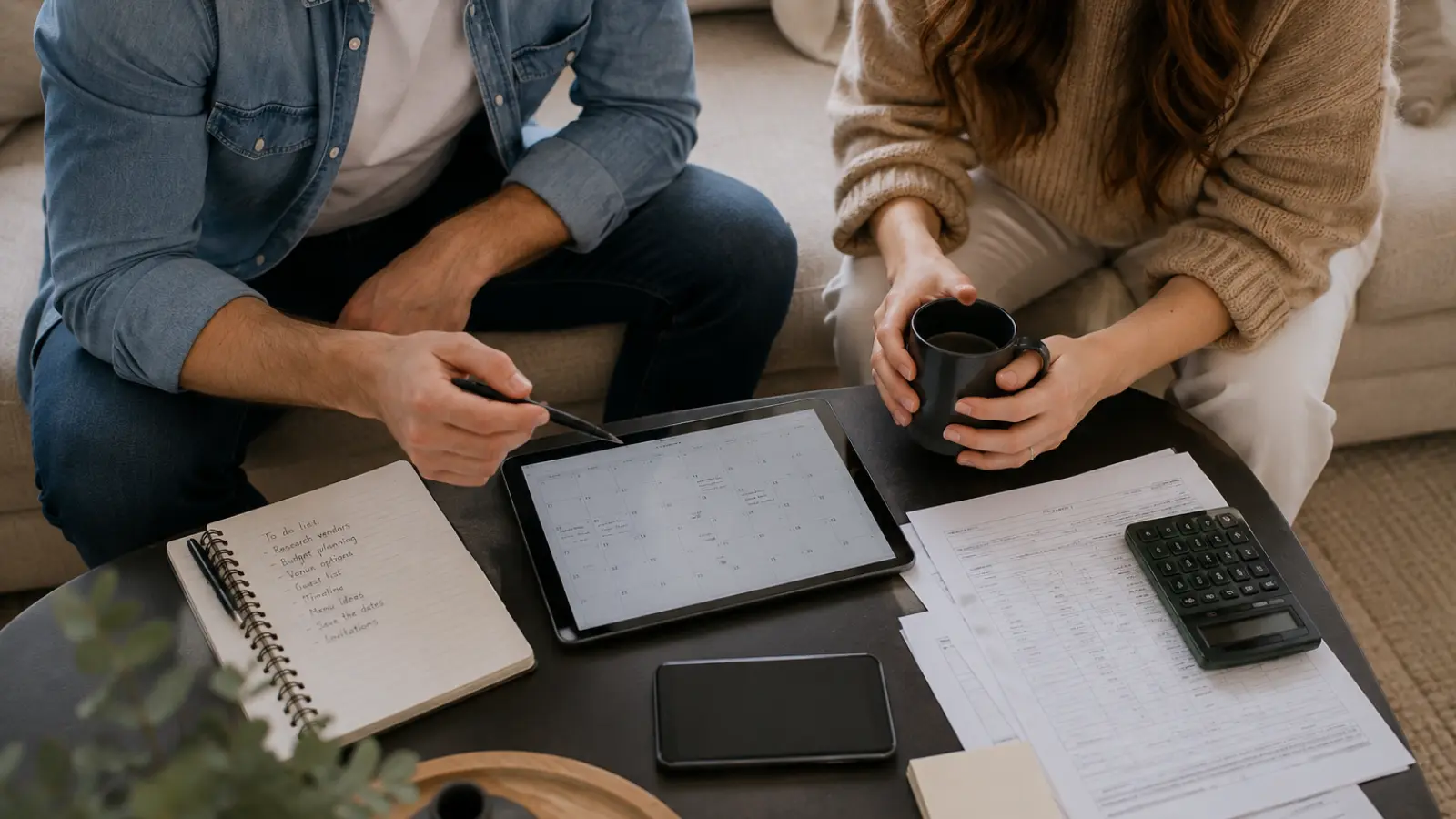 Couple reviewing a wedding calendar, checklist and budget while organizing wedding planning decisions in the right order Wedding Planning Order: Make the Right Decisions in the Right Sequence