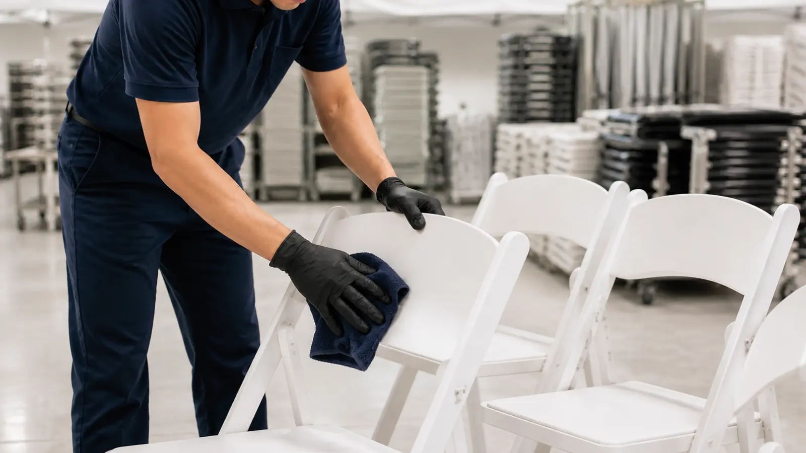 Wedding Vendors rental staff preparing and cleaning white chairs before setting up the wedding ceremony or reception