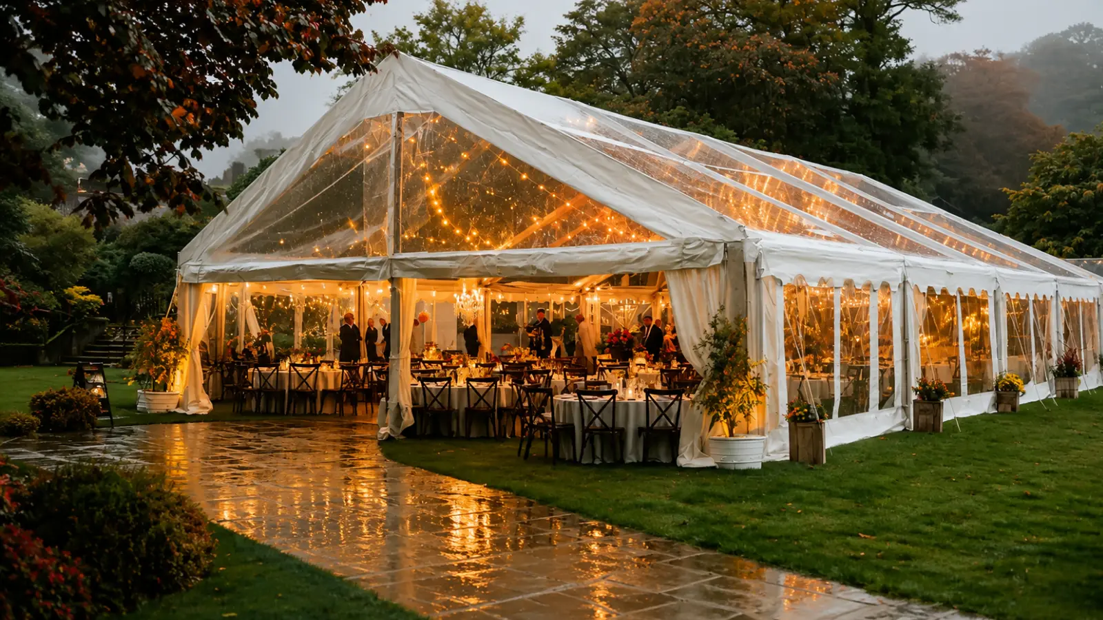 Outdoor wedding reception under a clear-top tent during rain as part of a wedding weather backup plan Wedding Weather Backup Plan: Rain, Heat, Cold & Wind