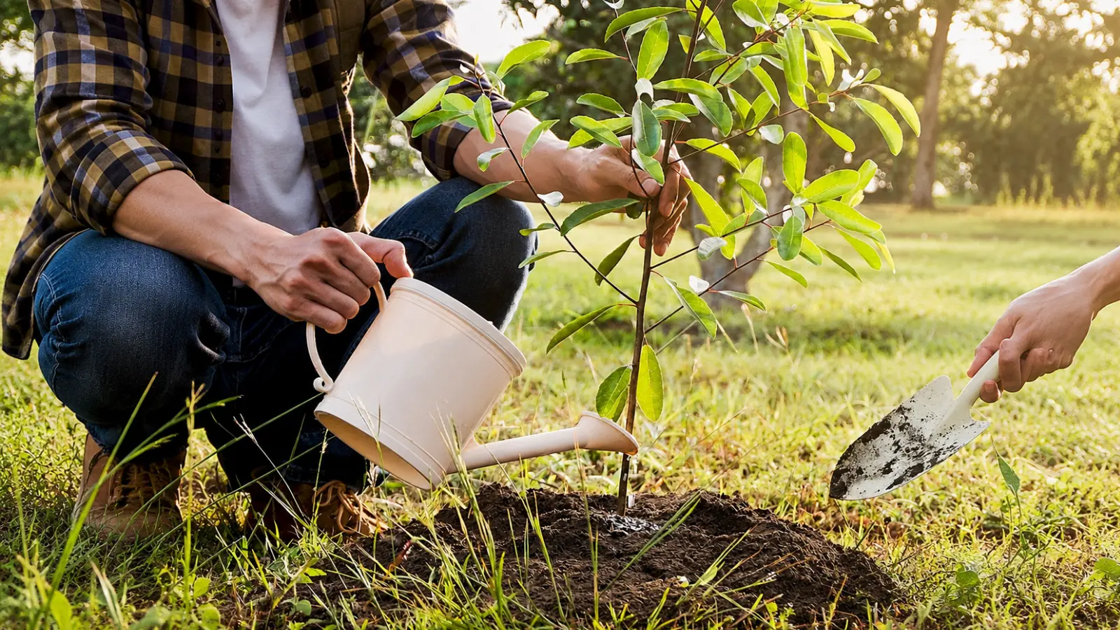 Couple planting and watering a young fruit tree together, illustrating a living fourth wedding anniversary gift inspired by the traditional fruit theme