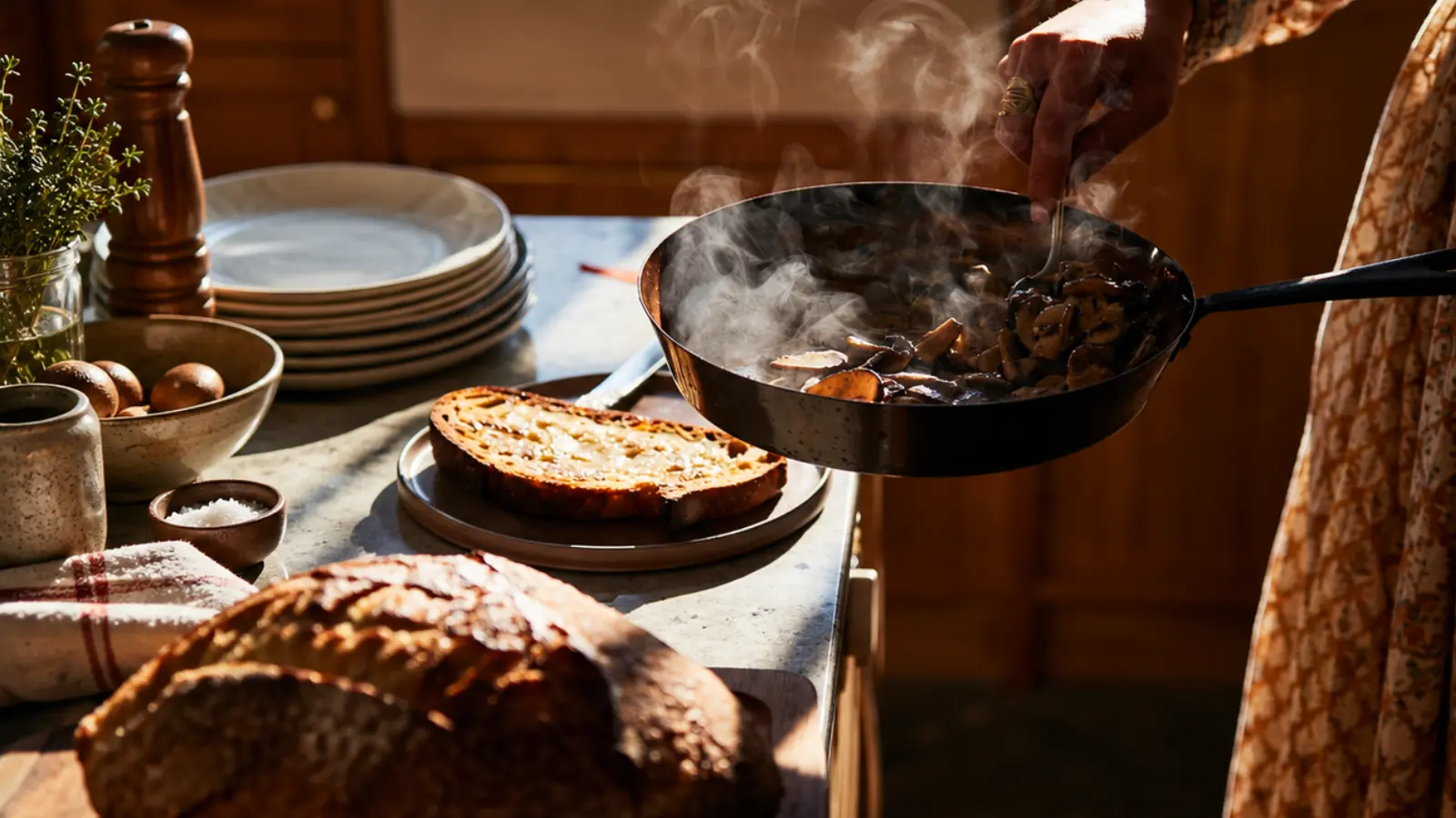 Person cooking with a cast iron skillet in a warm kitchen, illustrating a practical iron gift idea for celebrating a sixth wedding anniversary