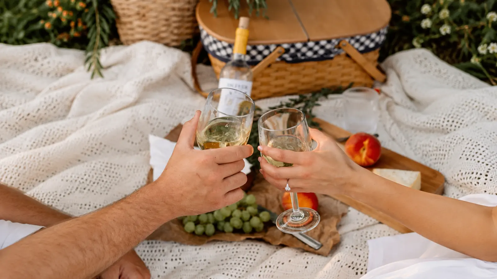 Couple toasting with wine during a romantic outdoor picnic celebrating their 9th wedding anniversary